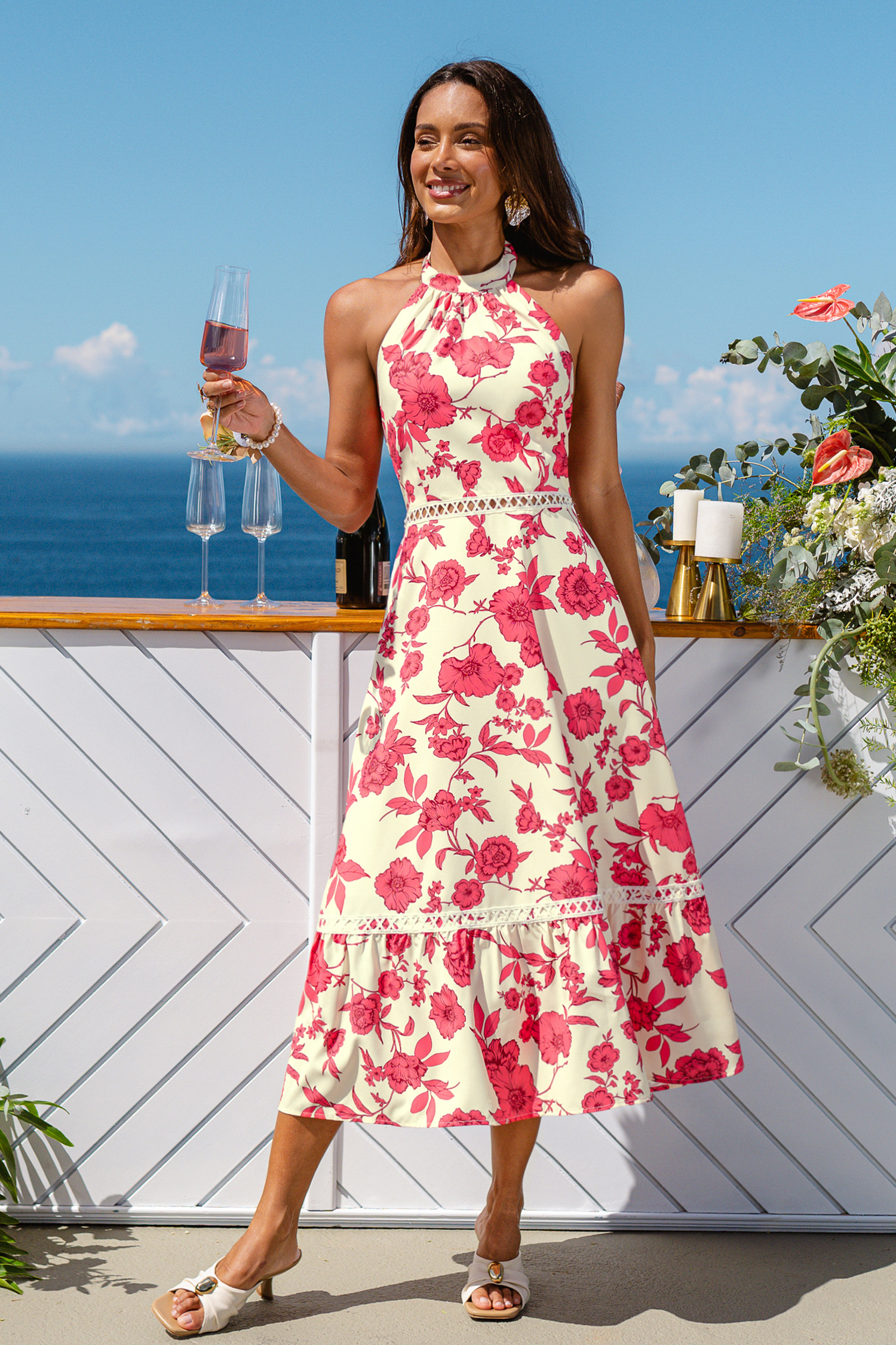 Rot Geblümtes Ärmelloses Midikleid mit hohem Ausschnitt