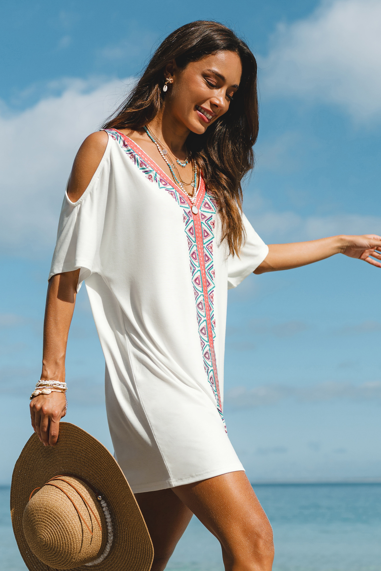 Weißes Geo V-Ausschnitt Kurzarm Cutout Mini-Strandkleid