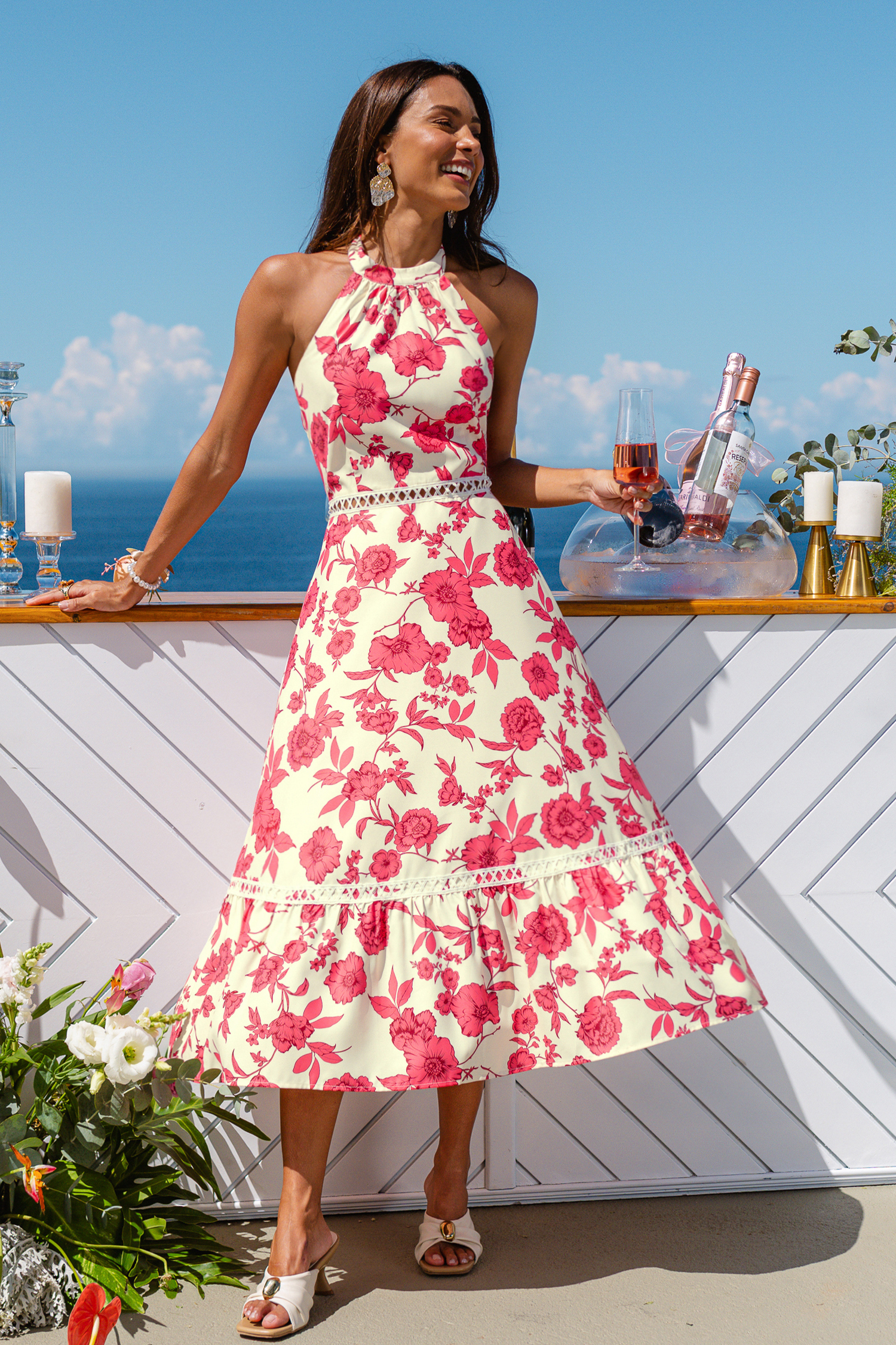 Midi-jurk met bloemenprint in goudkleurige waas