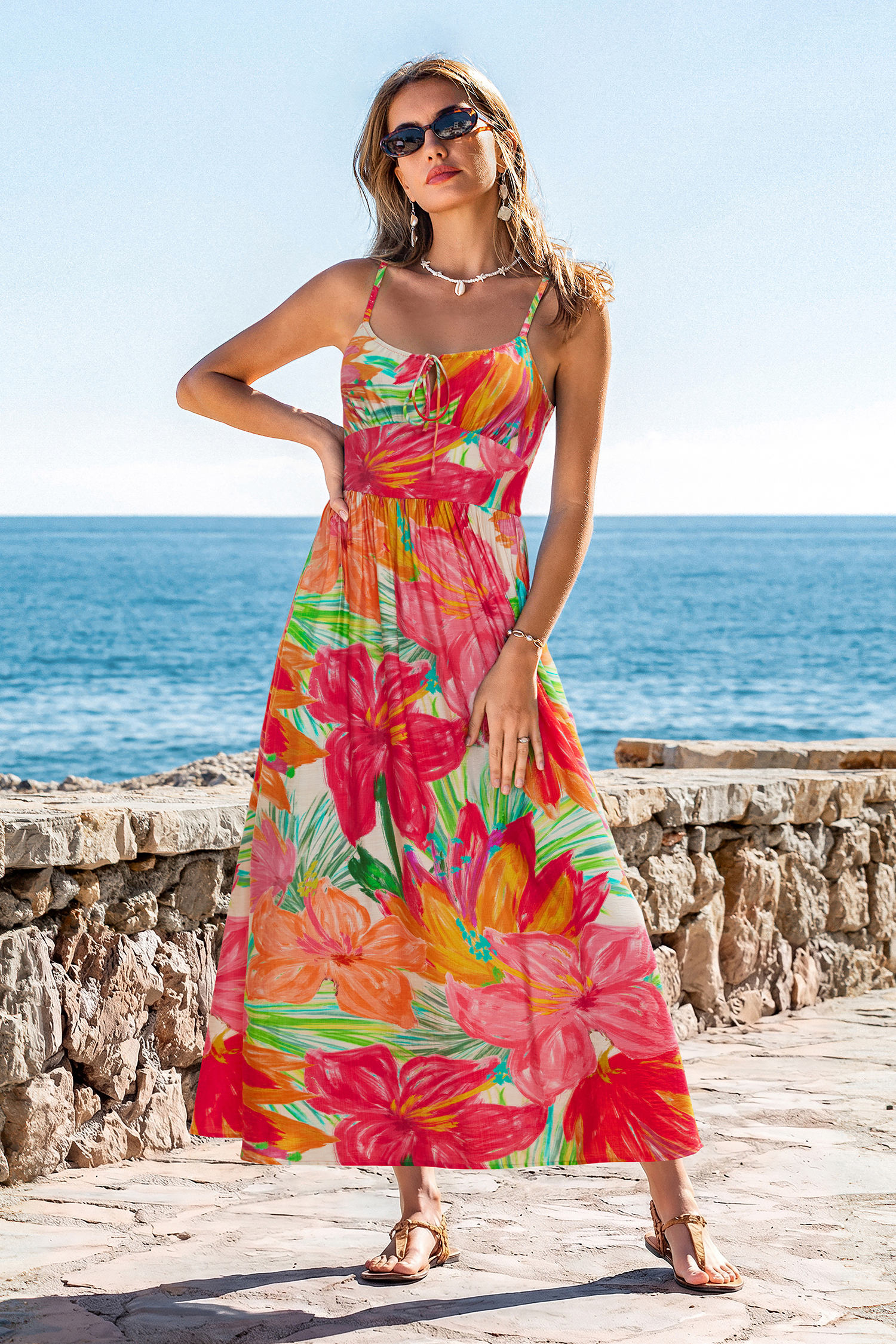 Abito lungo con stampa floreale di ibisco selvatico