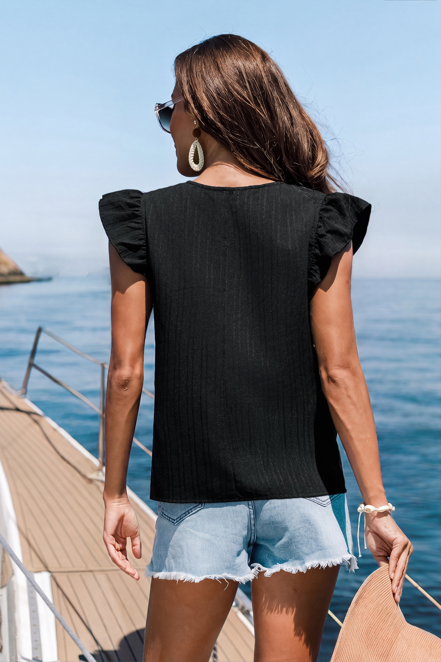 Schwarzes Boho Ärmelloses V-Ausschnitt Top