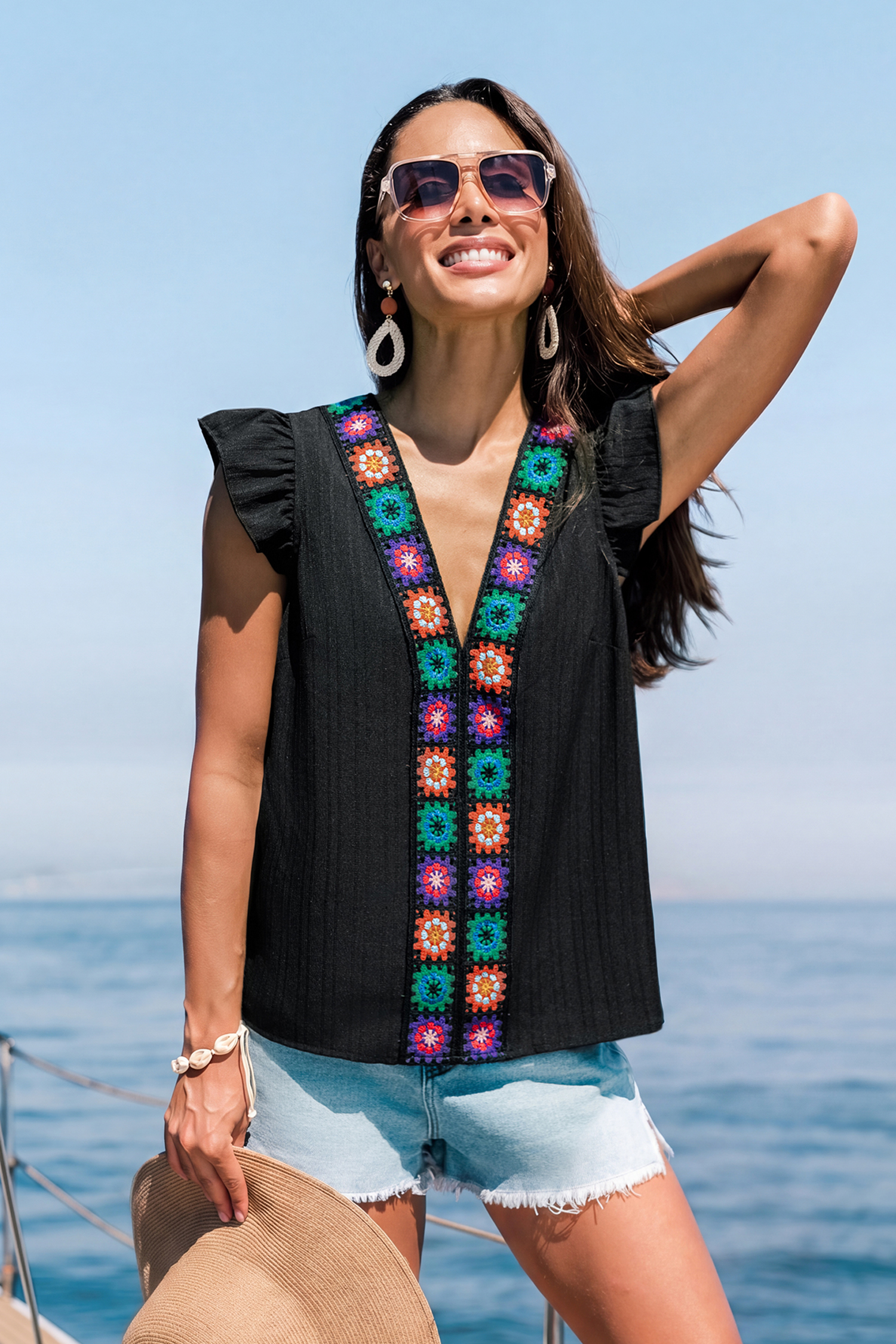 Schwarzes Boho Ärmelloses V-Ausschnitt Top