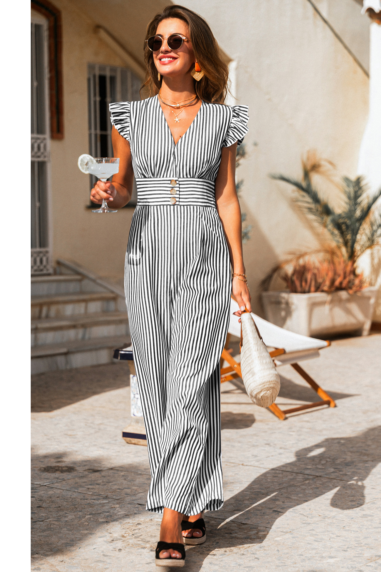 Gestreifter Ärmelloser Jumpsuit mit Rüschen