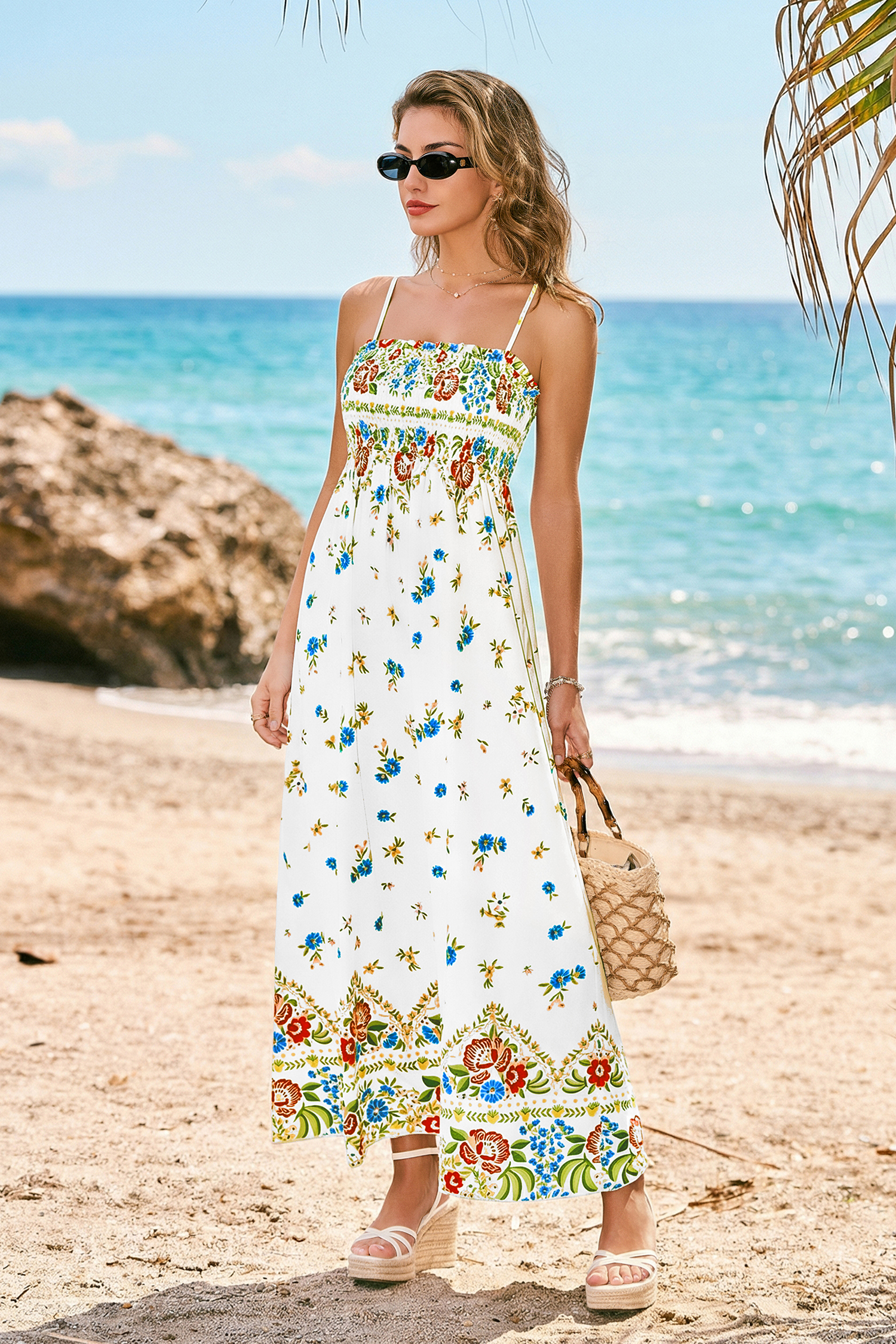 Robe longue florale multicolore col carré buste smocké