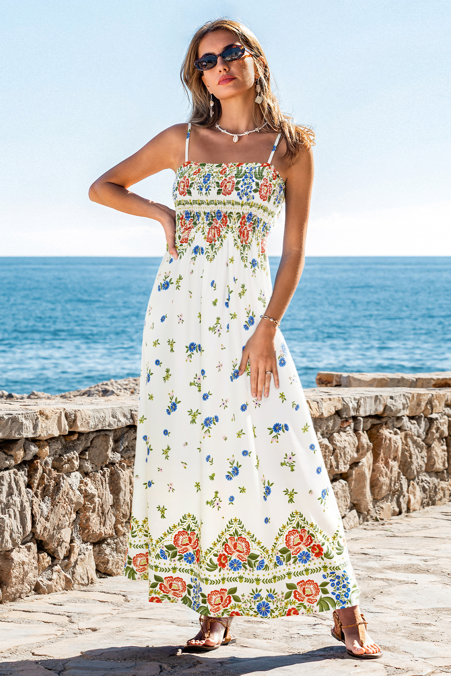 Robe longue florale multicolore col carré buste smocké
