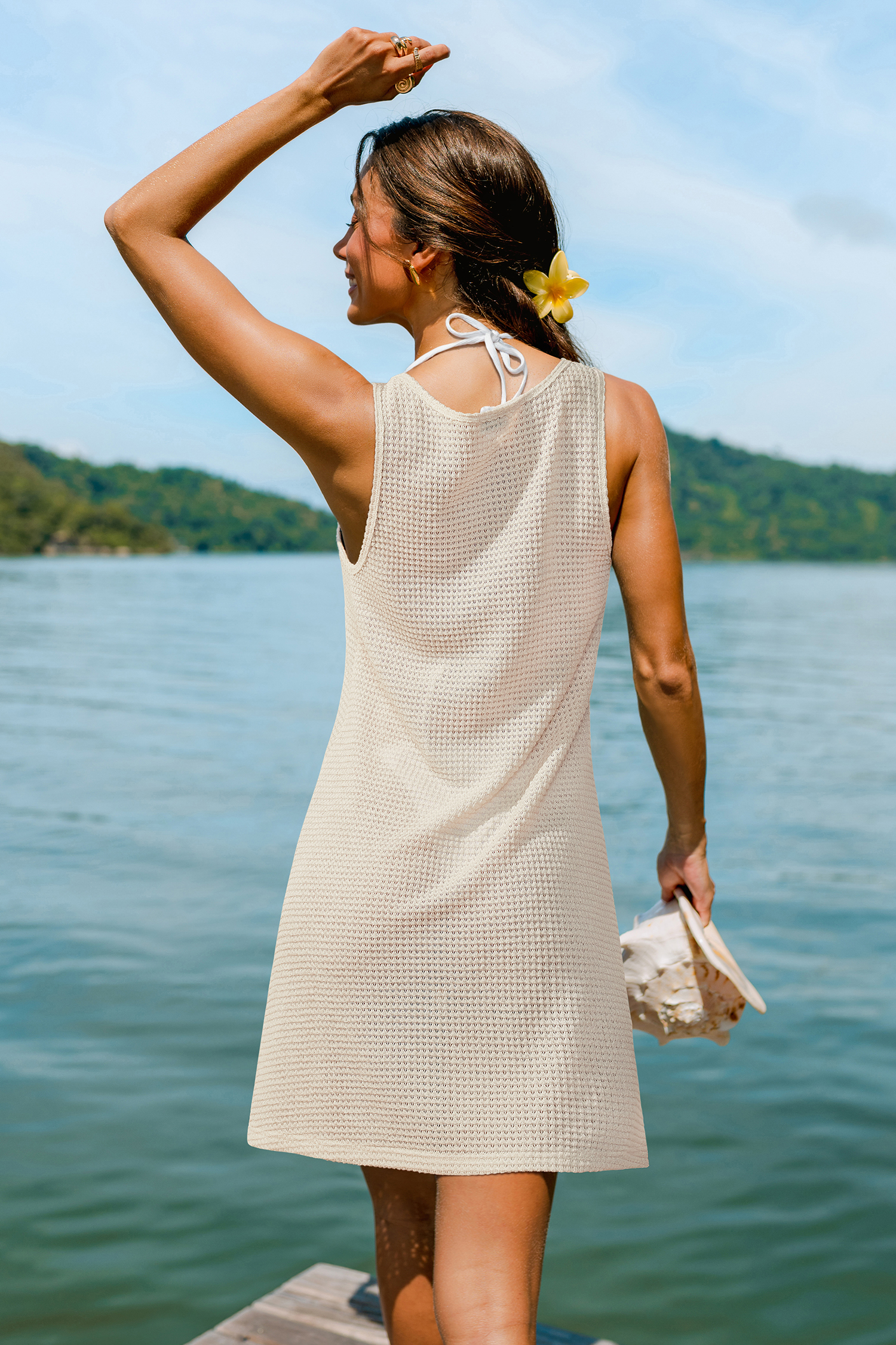 Beiges U-Ausschnitt Mini-Strandkleid mit Tasche