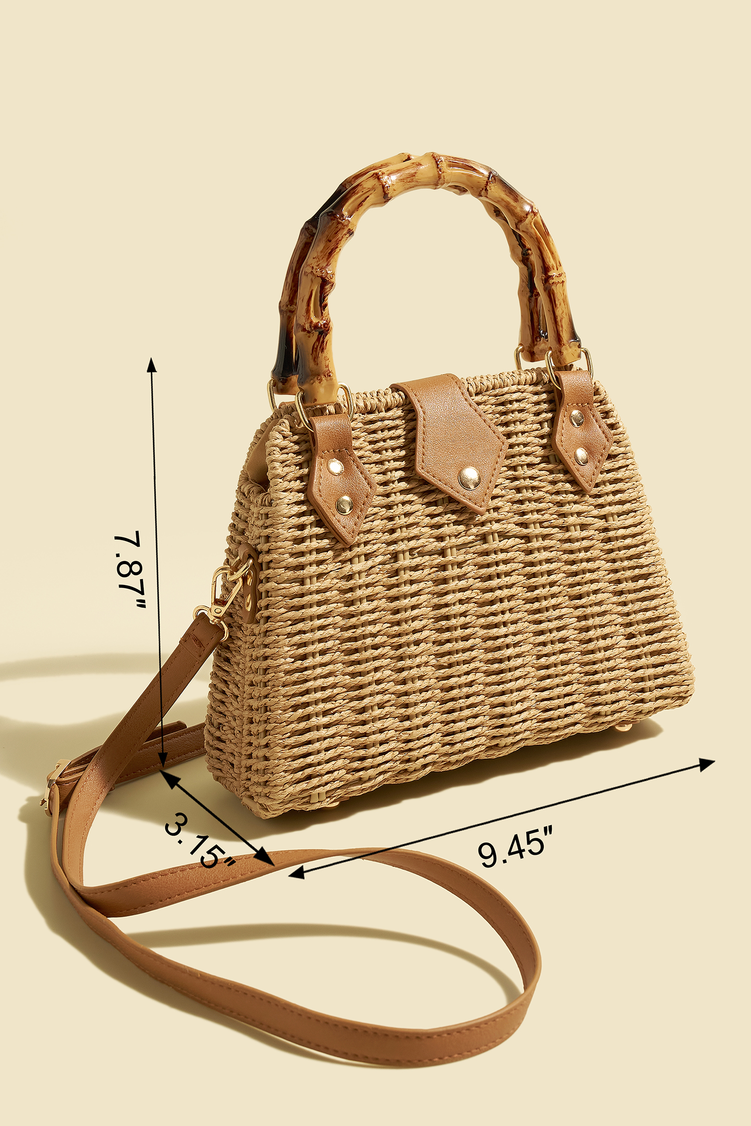 Khaki Strohtasche mit Bambus-Tragegriff und Kunstleder-Details