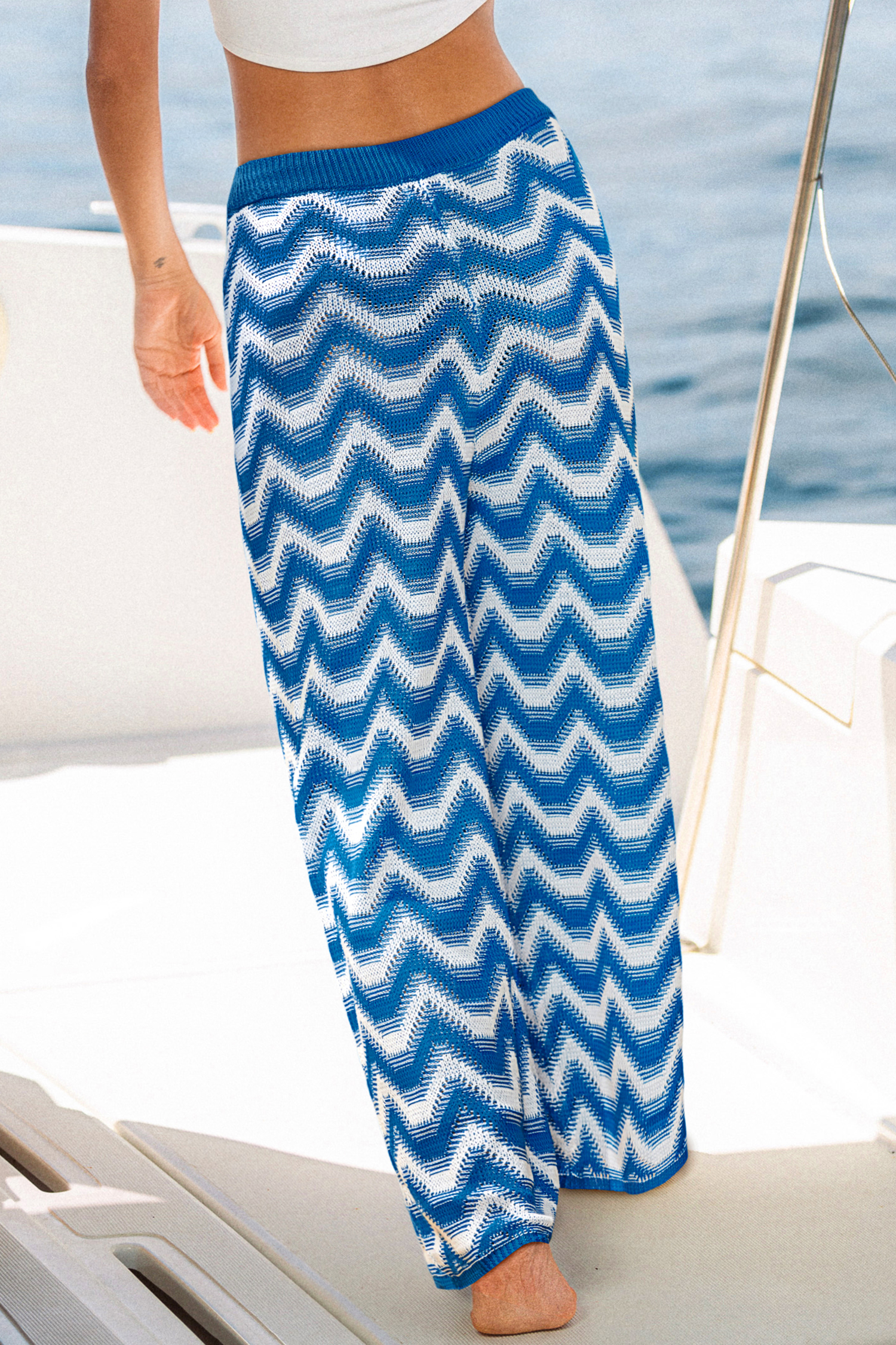 Blau-Weiße Wide-Leg Strick-Sommerhose