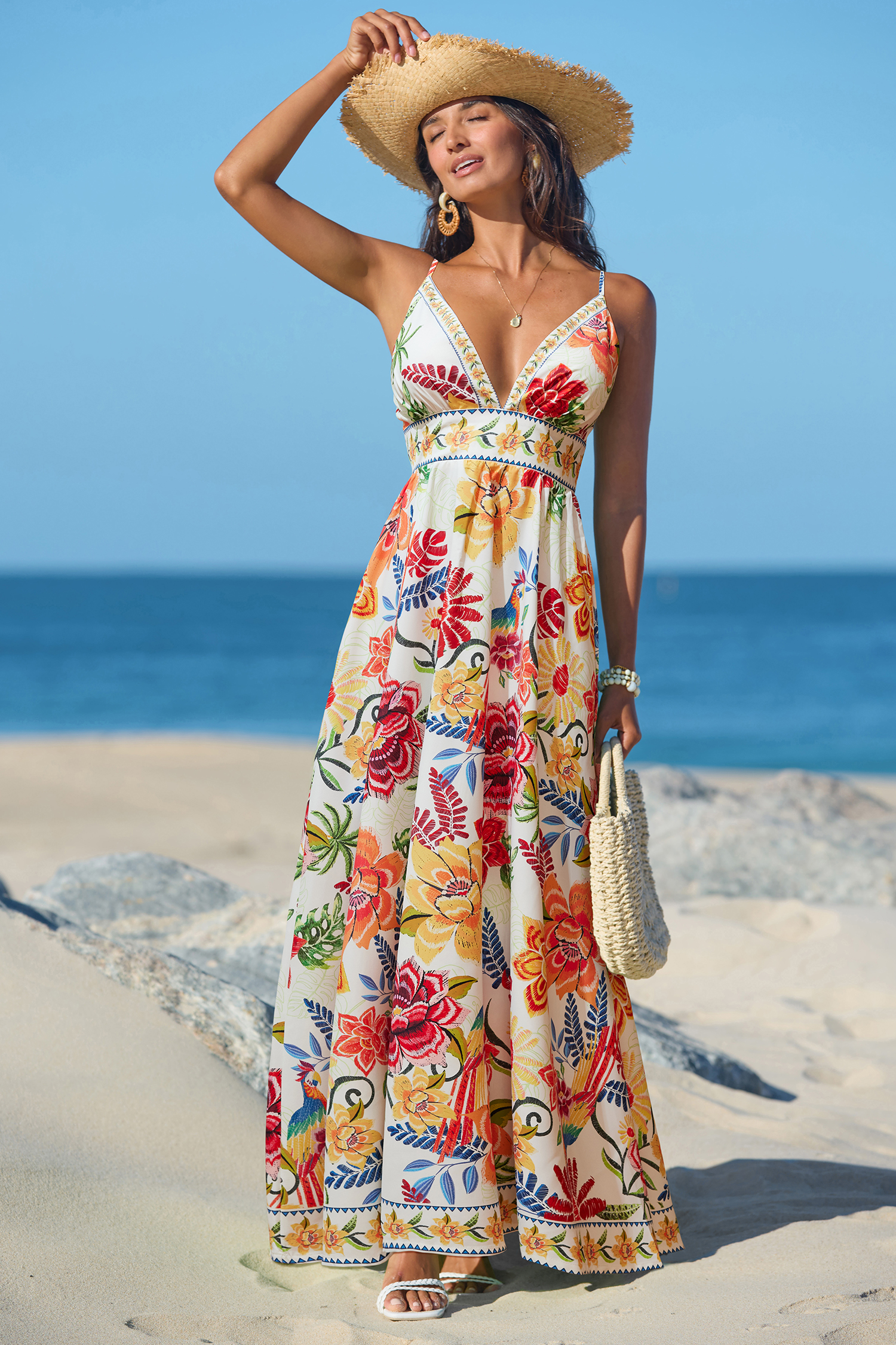 Robe longue tropicale fermeture éclair au dos