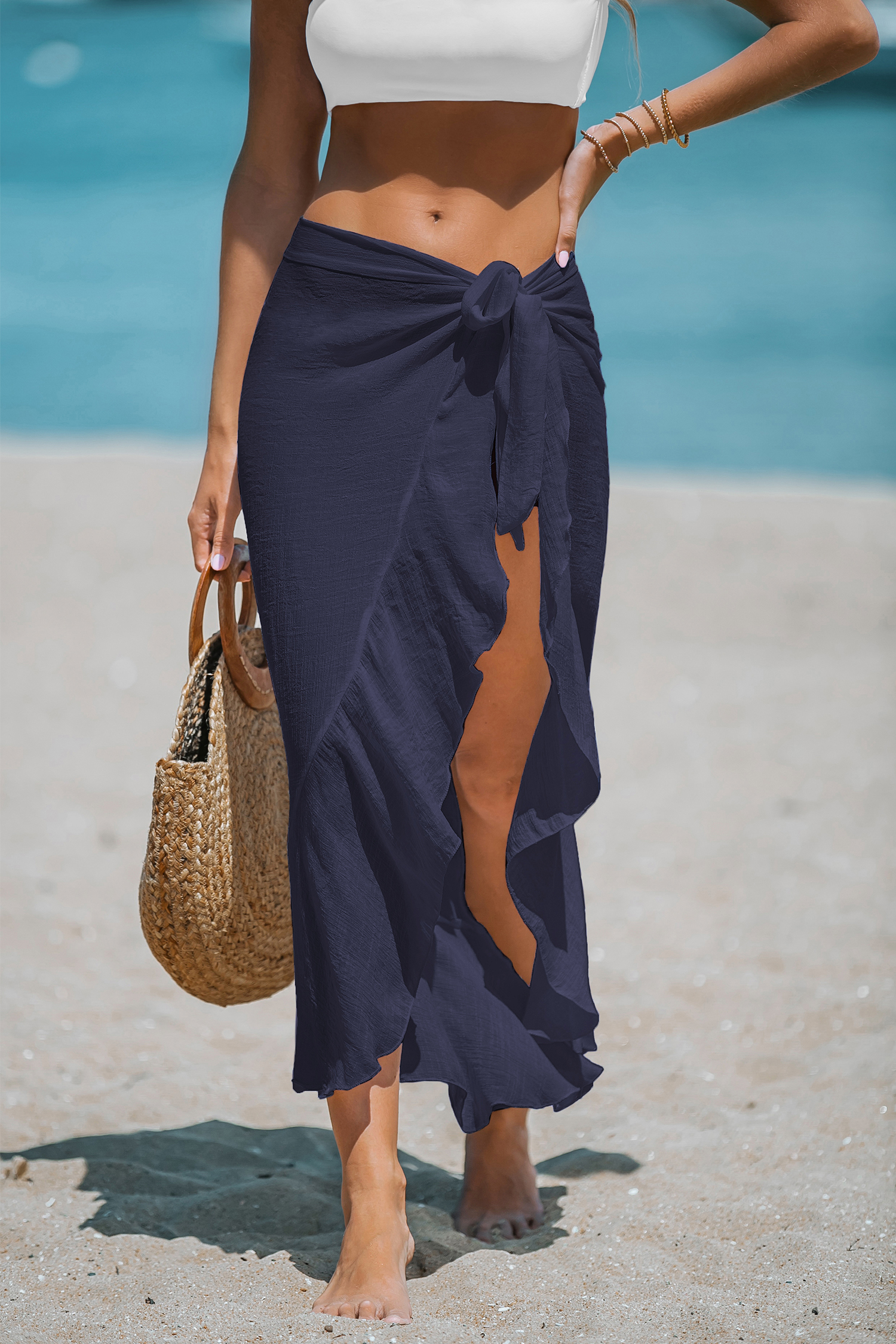 Sheer Navy Ruffled Midi Sarong
