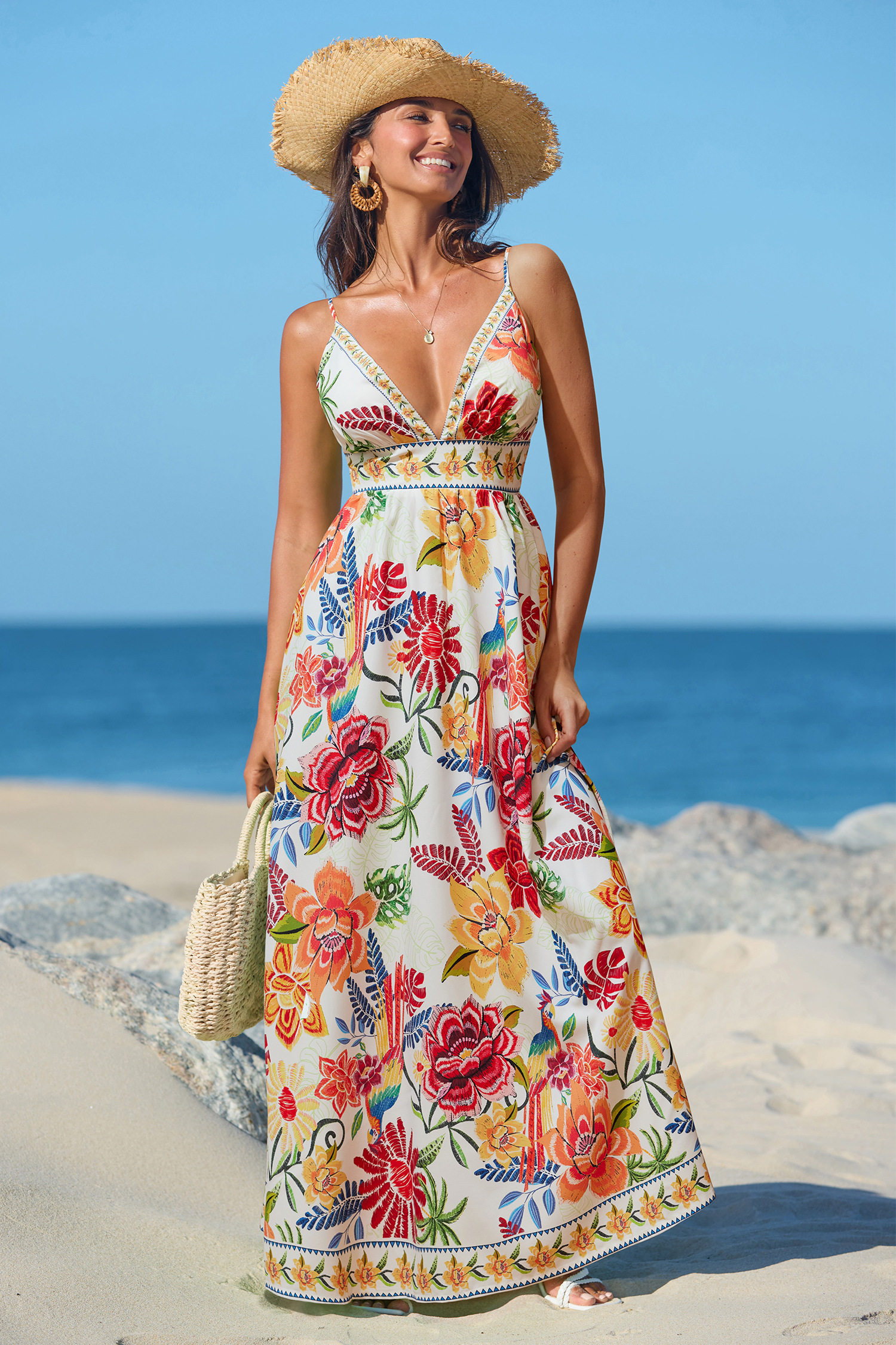 Robe longue tropicale fermeture éclair au dos