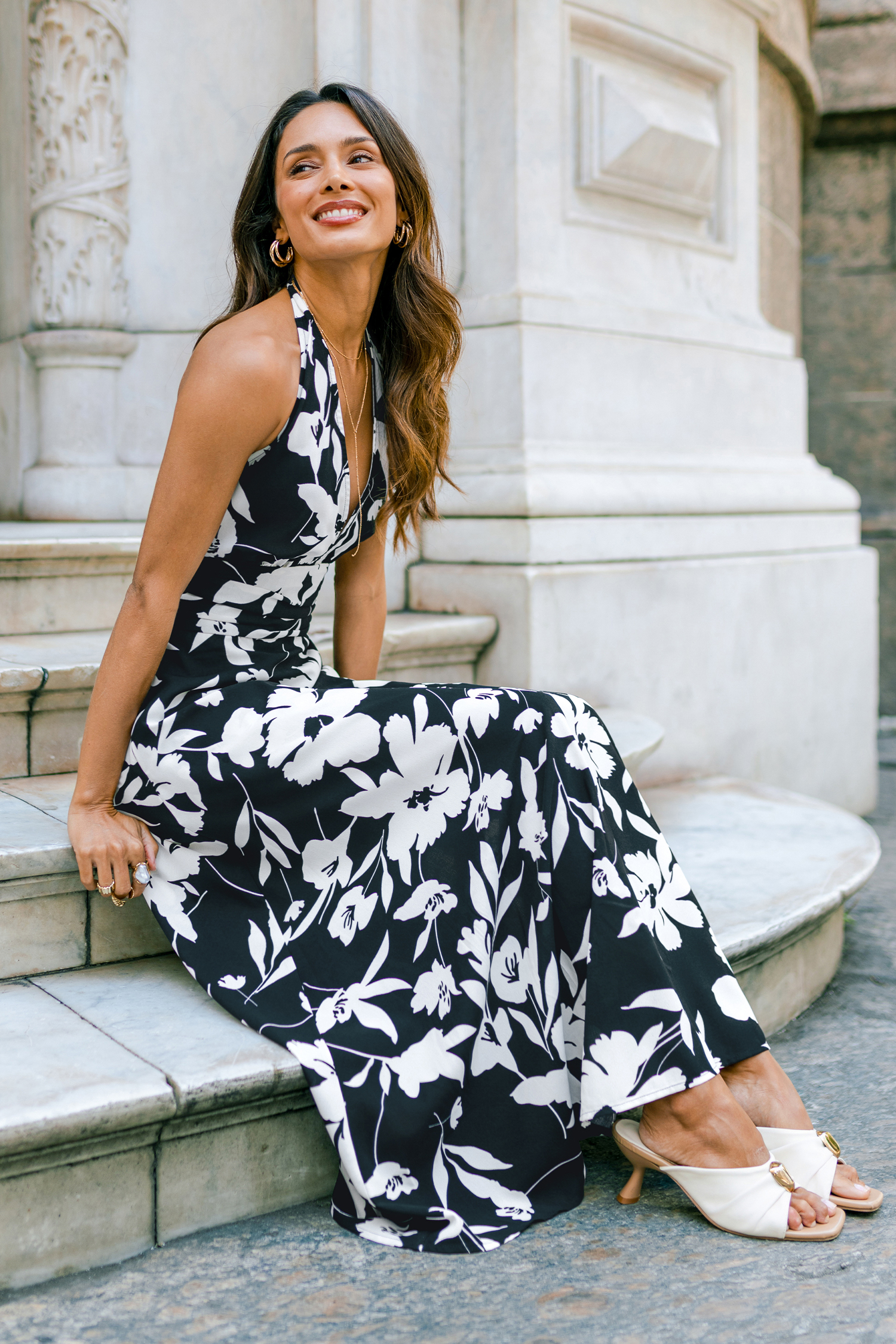 Robe longue tissé tropicale à col plongeant