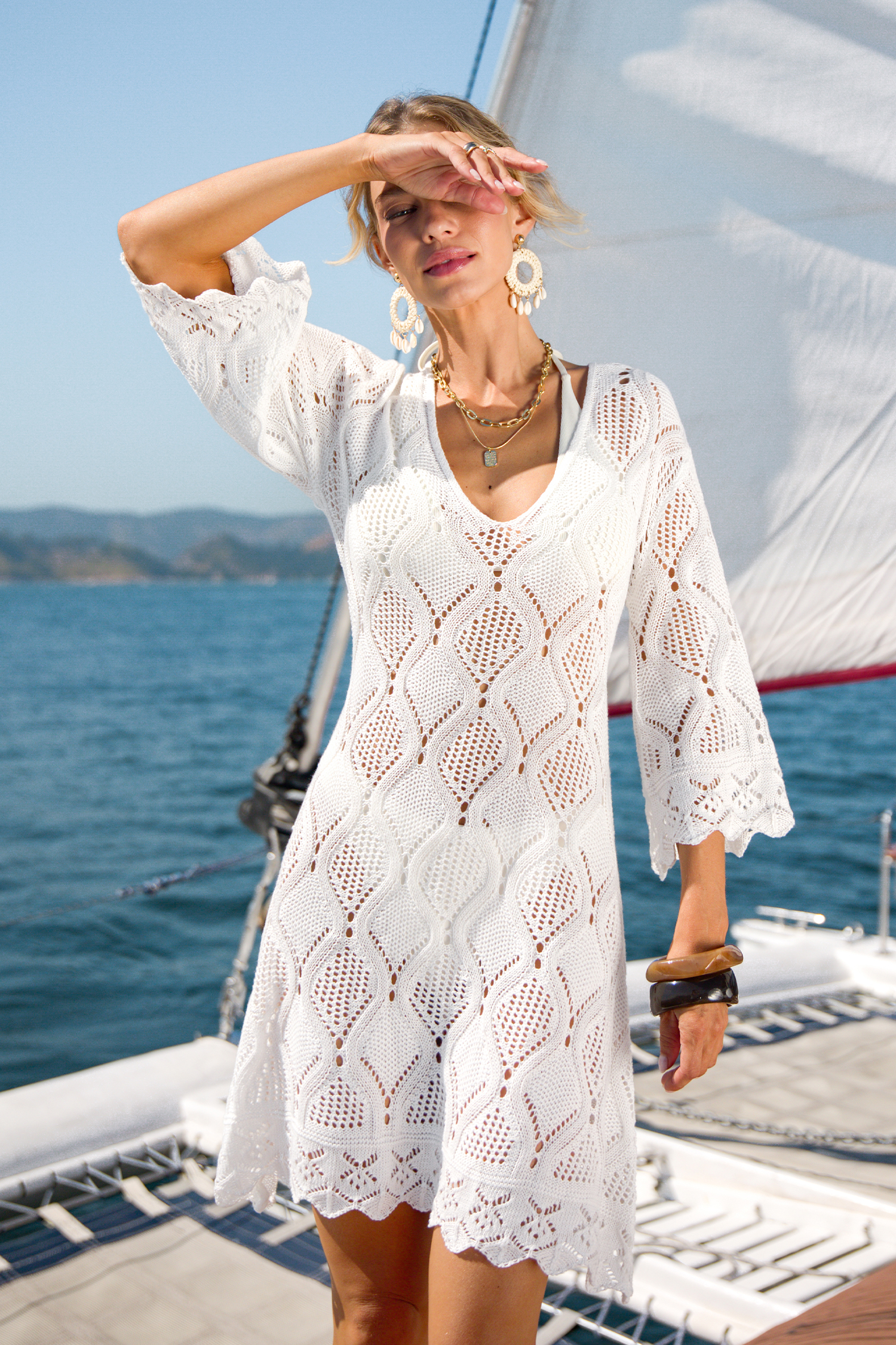Robe cover up courte blanche manches mi-longues