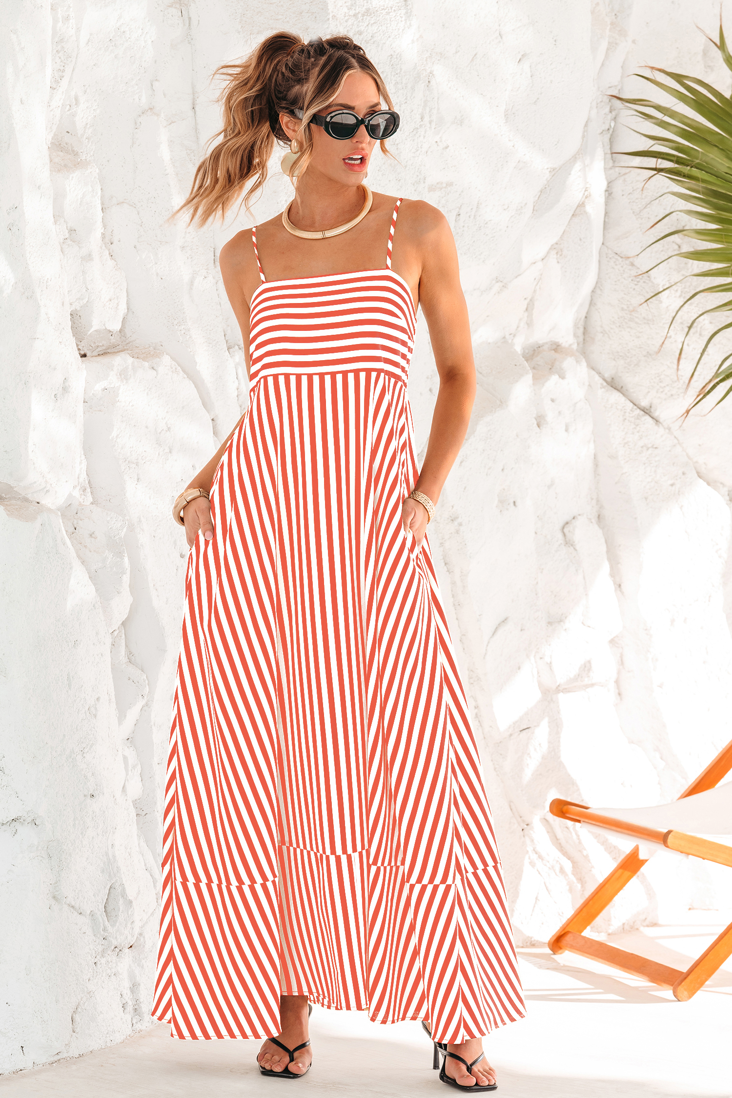 Robe longue orange à rayures