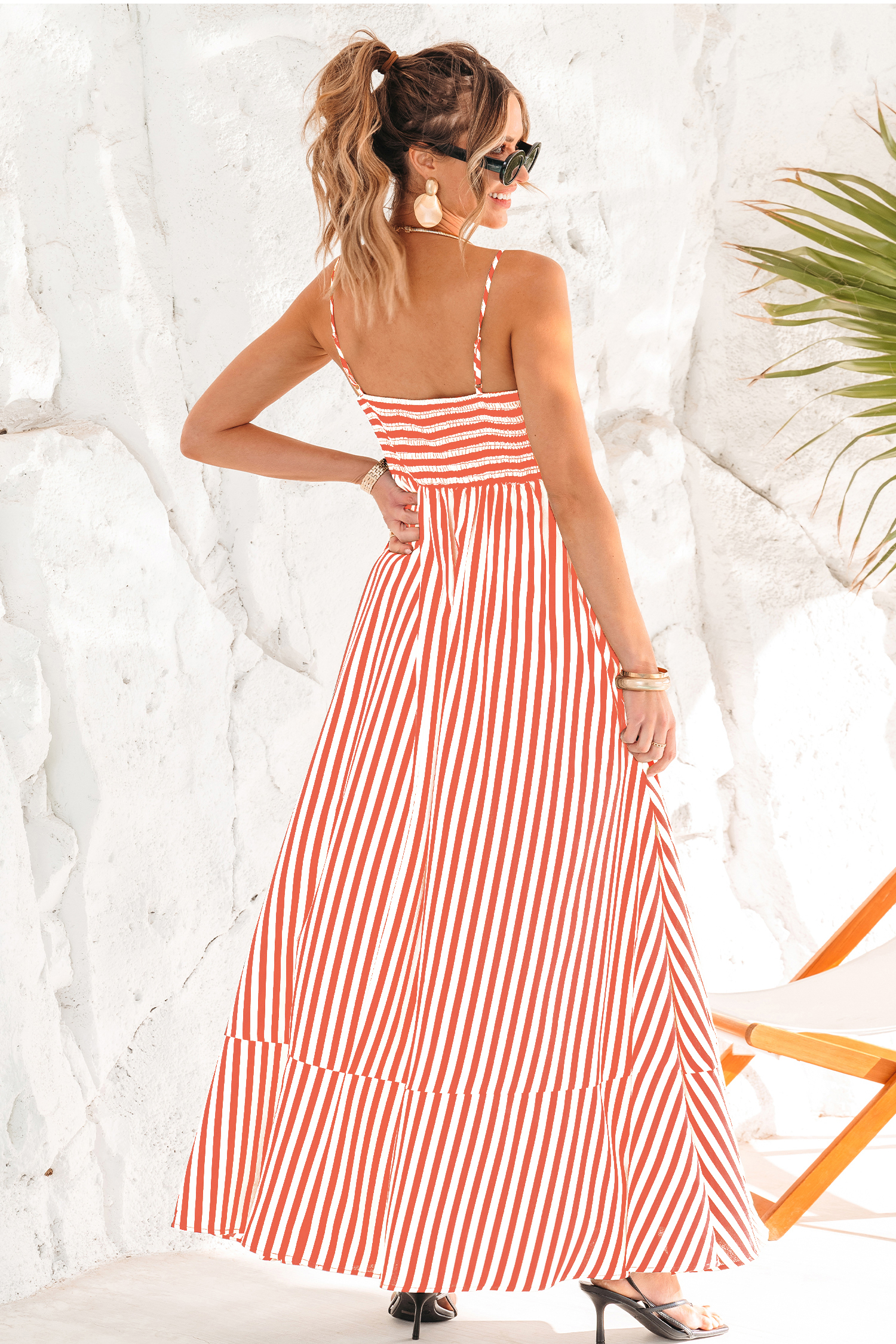 Robe longue orange à rayures
