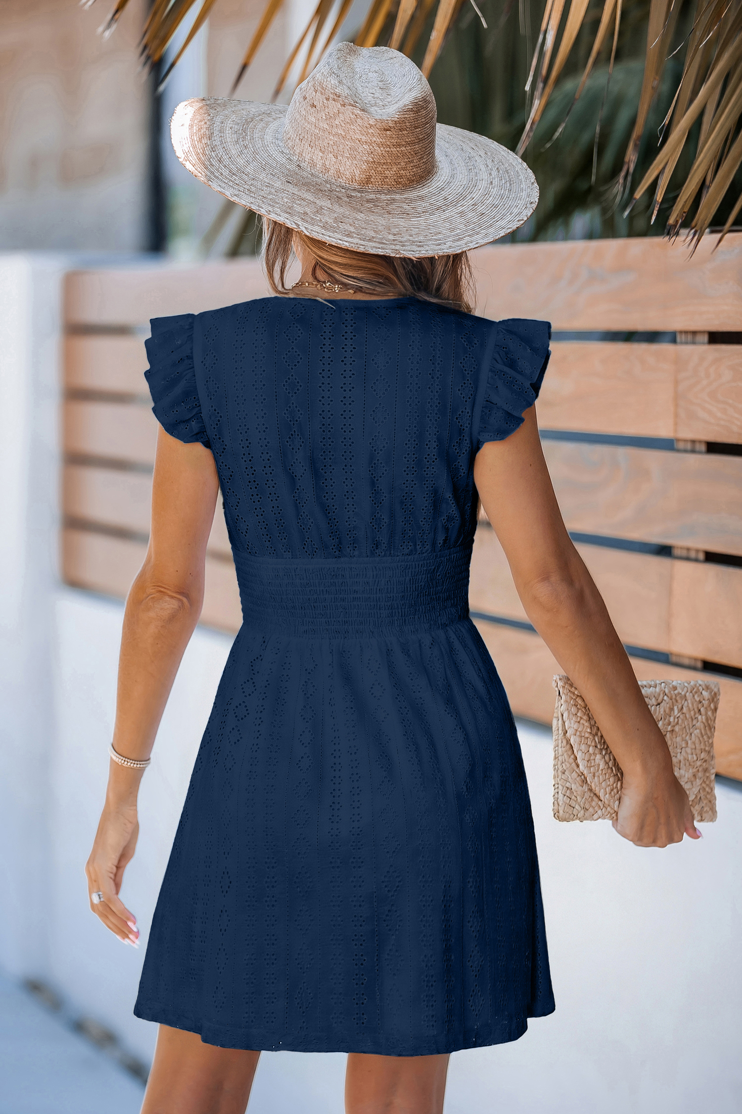 Marineblaues Kurzarm V-Ausschnitt Jacquard Mini-Strandkleid