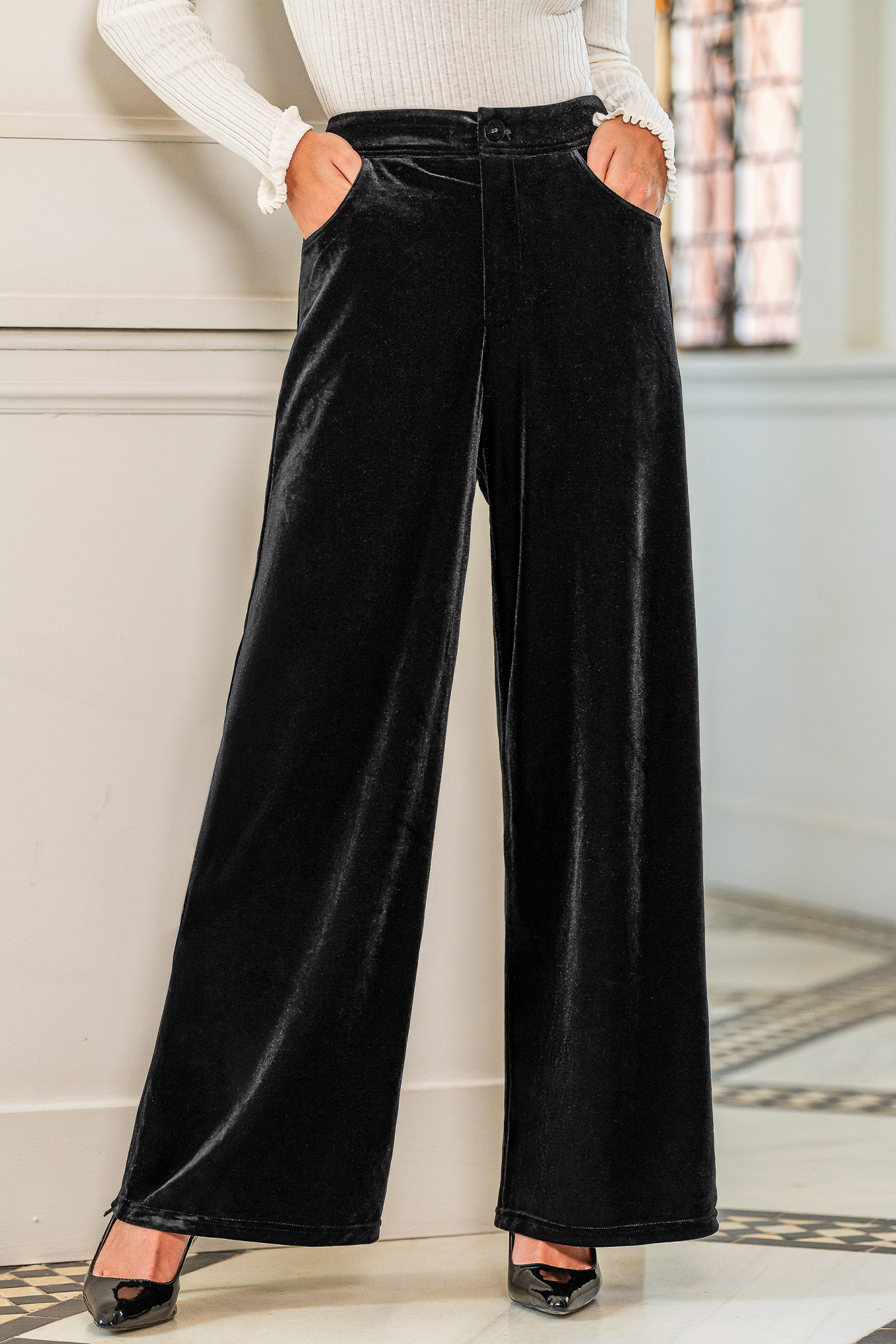 Mitternacht Schwarze Samt-Hose mit weitem Bein