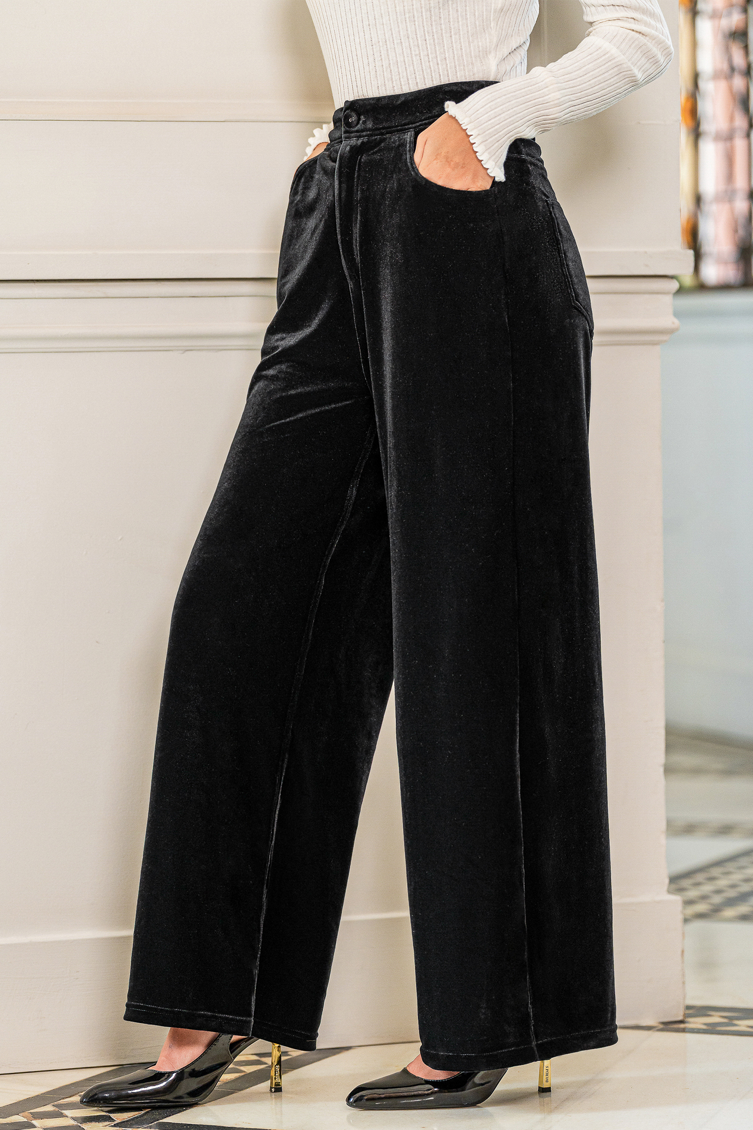 Mitternacht Schwarze Samt-Hose mit weitem Bein
