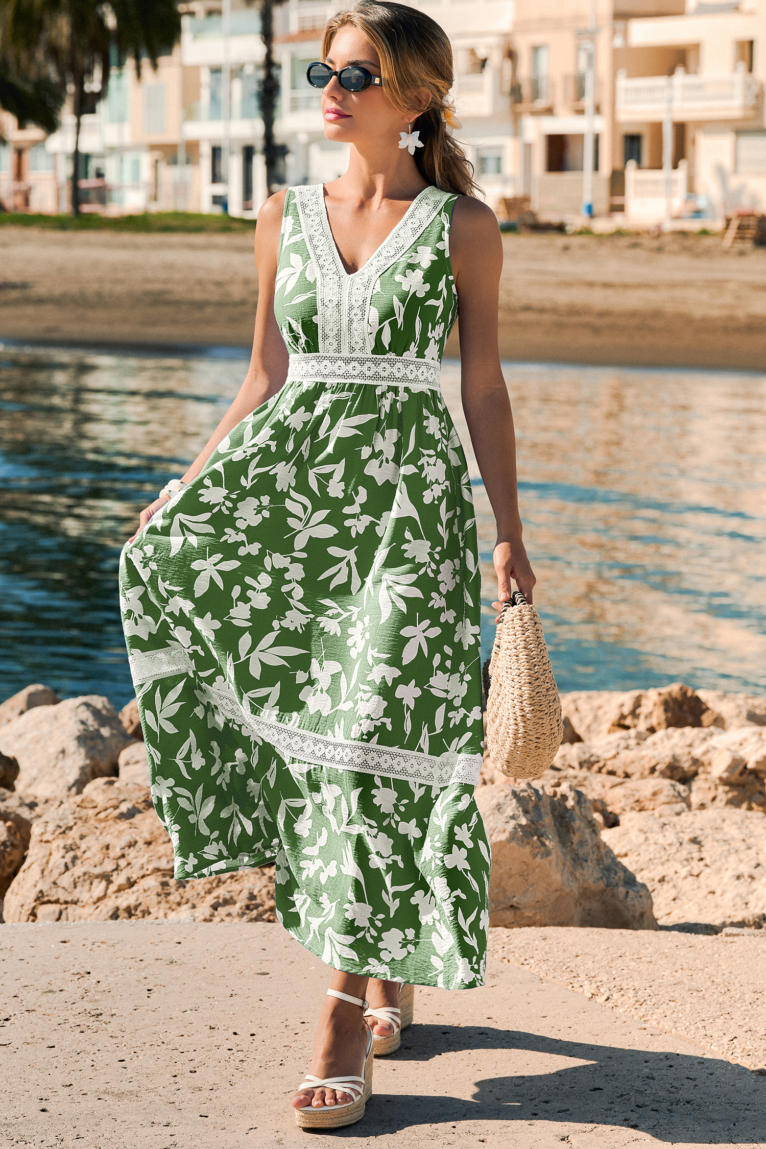Blau tropisches Maxi-Strandkleid