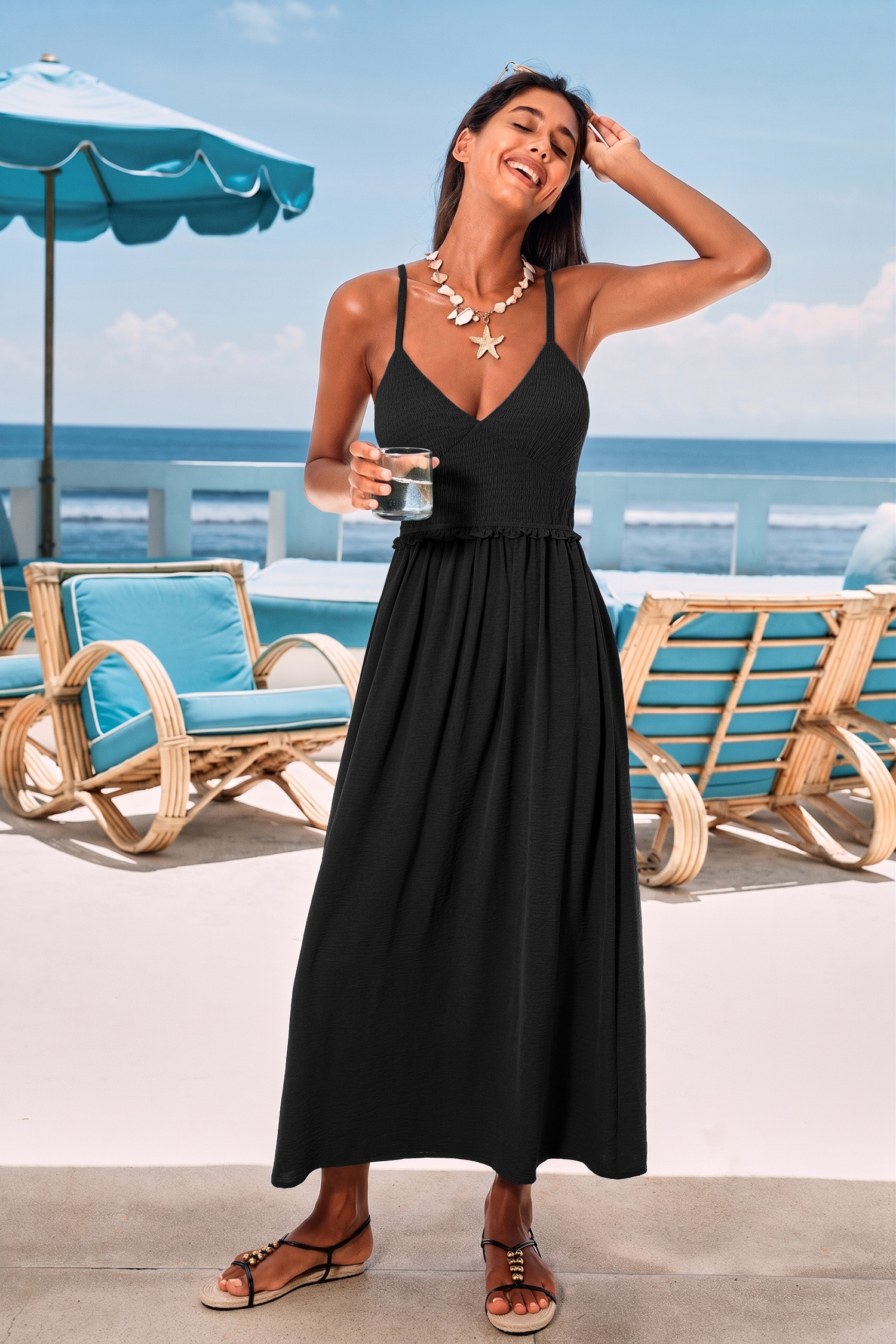 Vestido largo negro con estampado de ambiente soleado