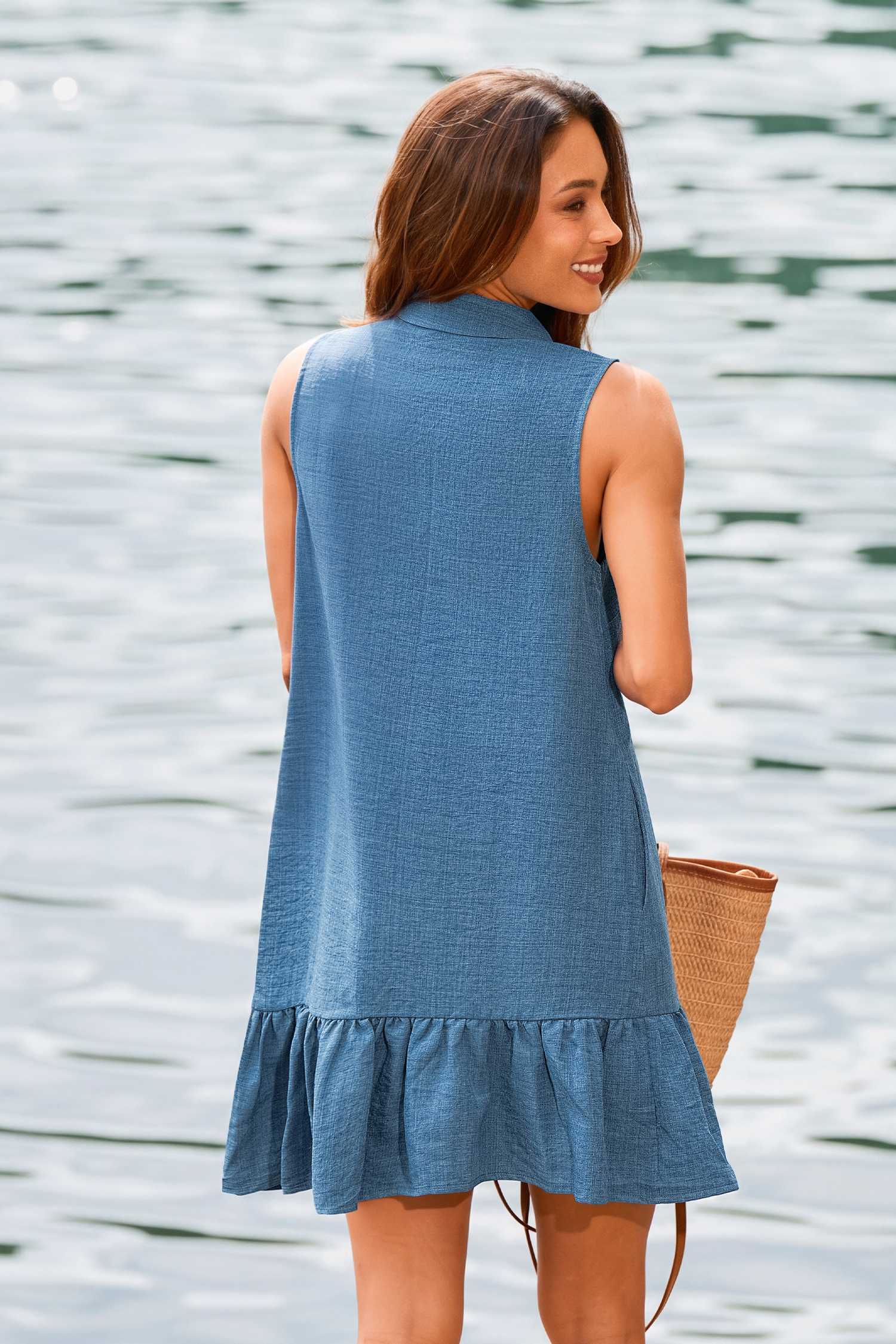 Blaues Ärmelloses Mini-Blusenkleid