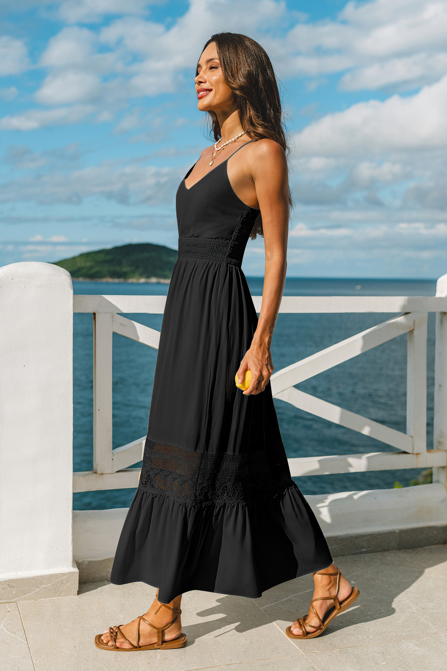 Schwarzes Ärmelloses V-Ausschnitt Maxi-Strandkleid