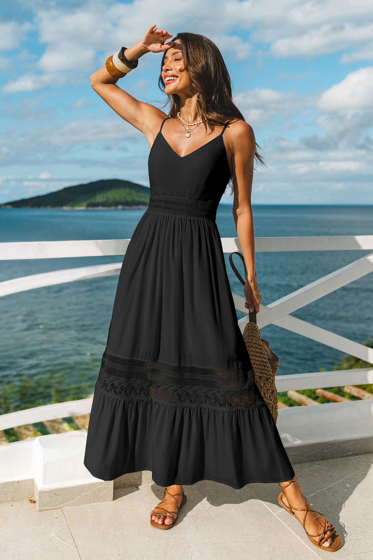 Schwarzes Ärmelloses V-Ausschnitt Maxi-Strandkleid