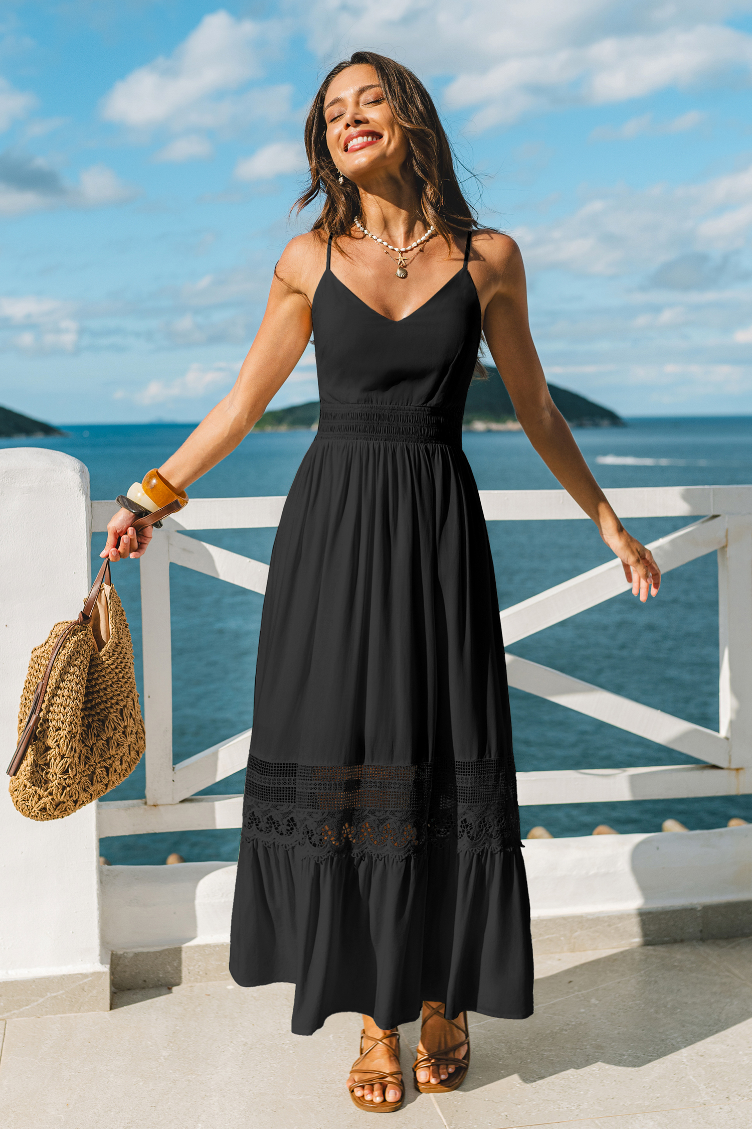 Schwarzes Ärmelloses V-Ausschnitt Maxi-Strandkleid