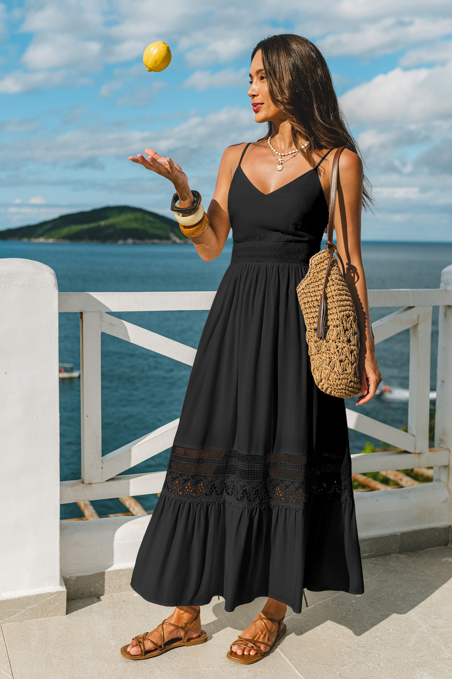 Schwarzes Ärmelloses V-Ausschnitt Maxi-Strandkleid