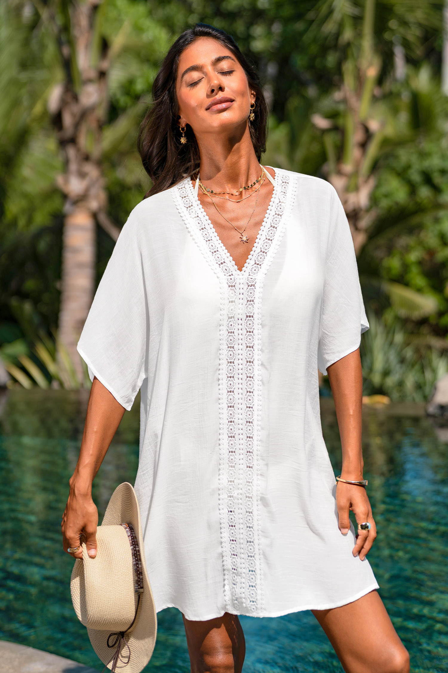 Robe cover up courte blanche tissée à col V