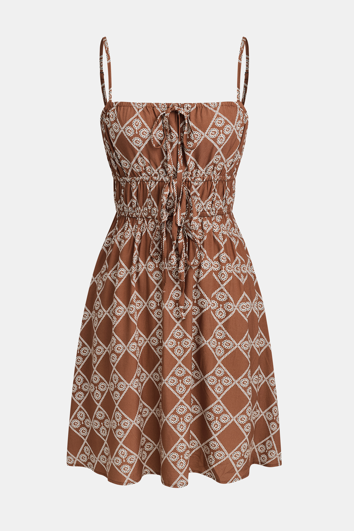 Braunes Boho Mini-Strandkleid mit eckigem Ausschnitt