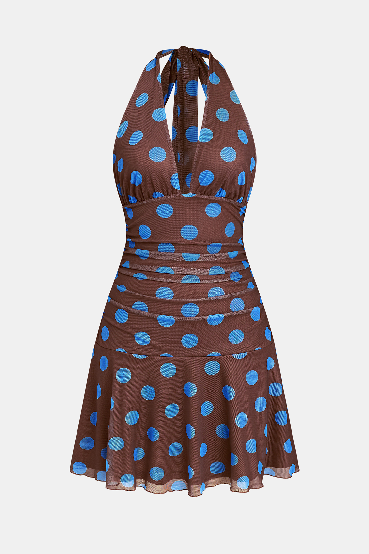 Braunes Polka-Dot Mini-Strandkleid mit tiefem Ausschnitt