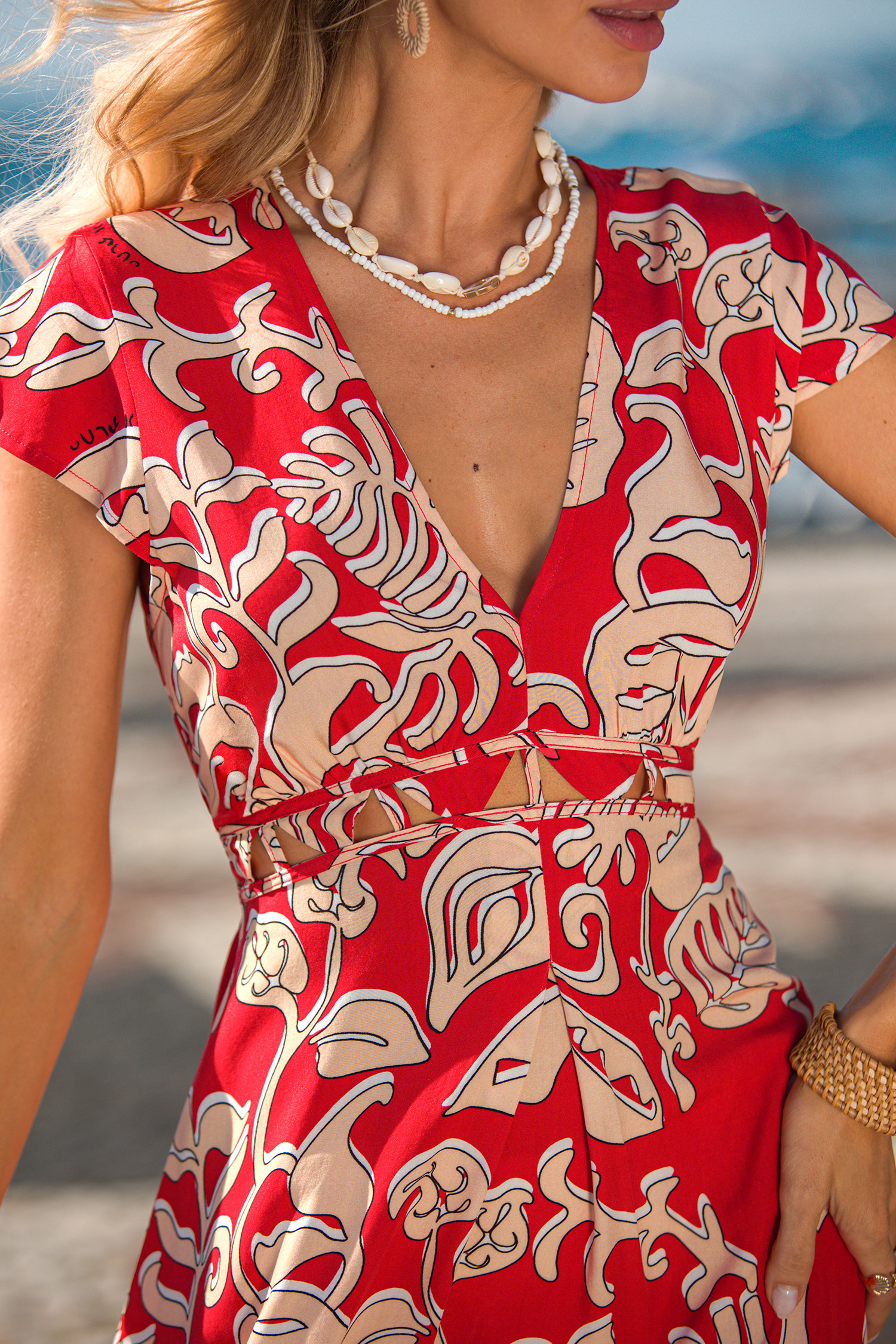 Rot Tropisches Mini-Strandkleid mit V-Ausschnitt