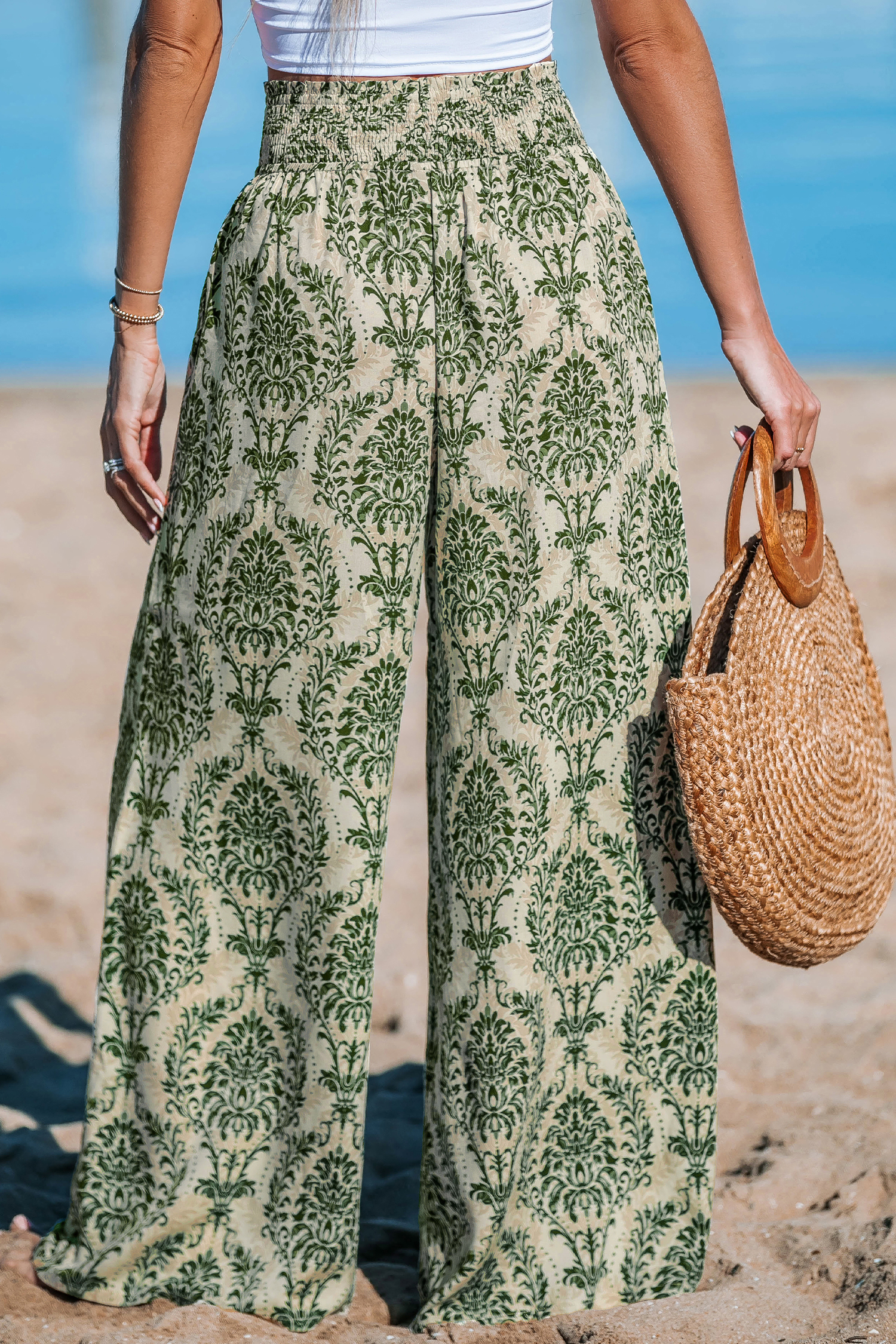 Green Damask Wide Leg Pants