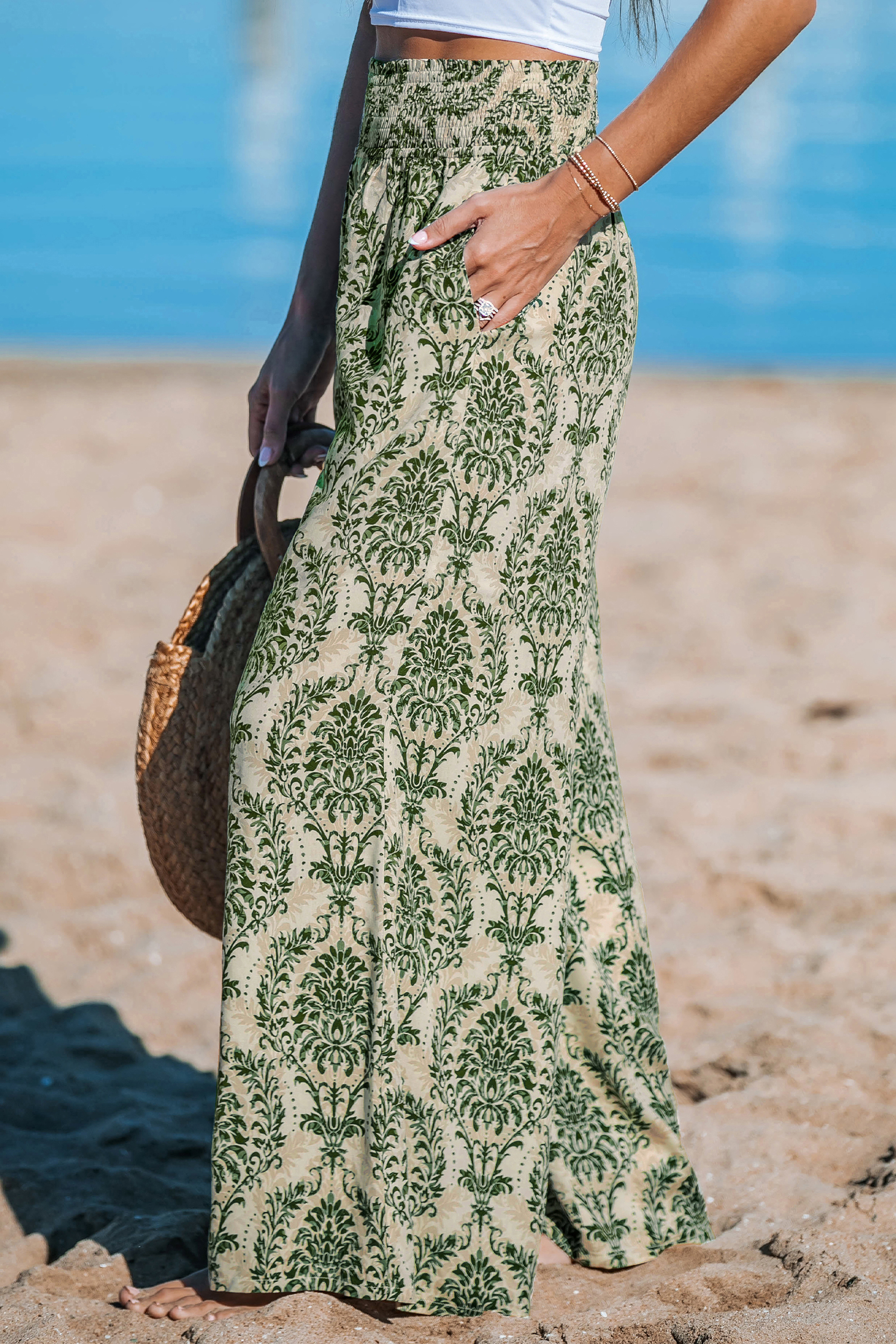 Green Damask Wide Leg Pants