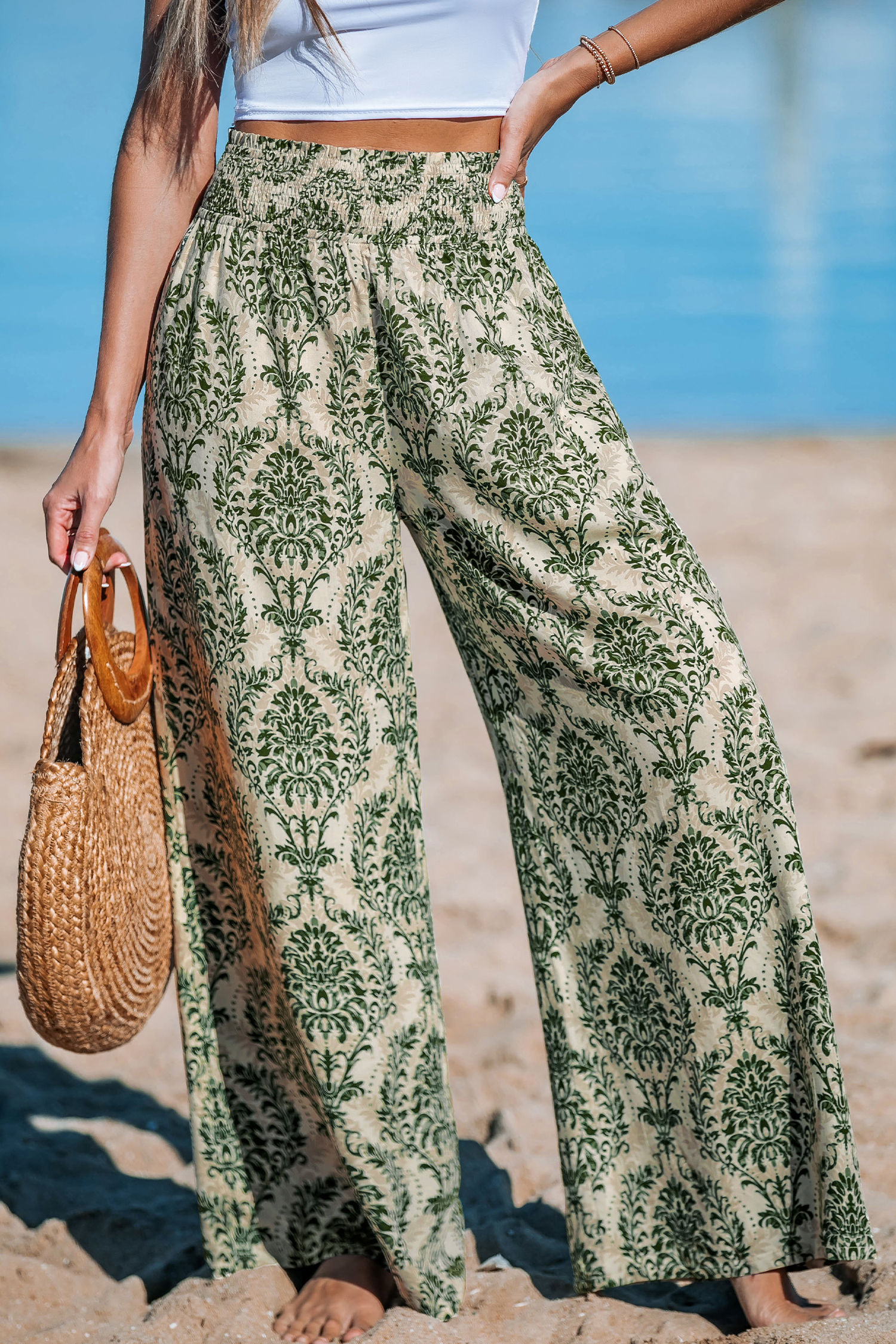 Green Damask Wide Leg Pants