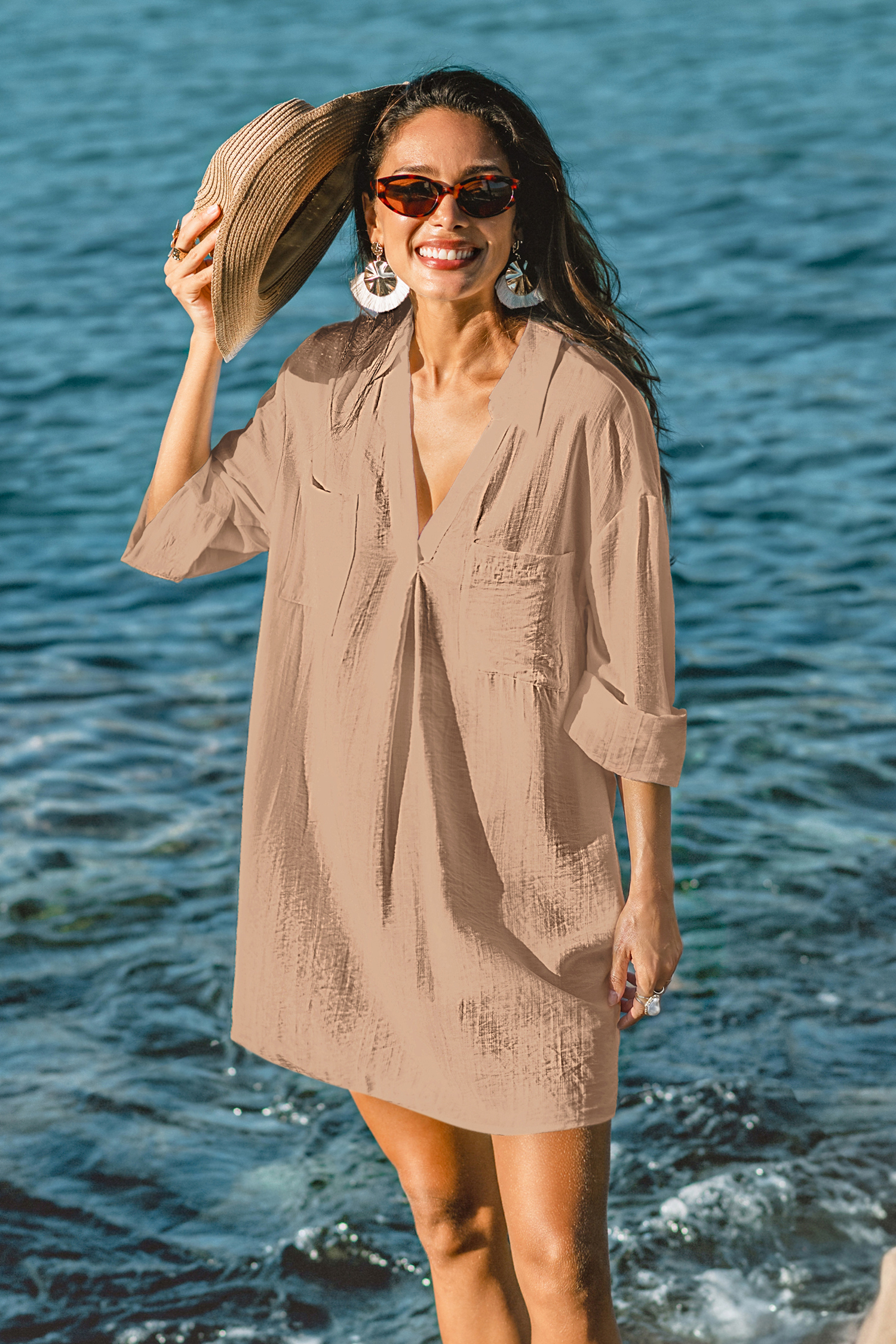 Robe cover up courte kaki à col chemise