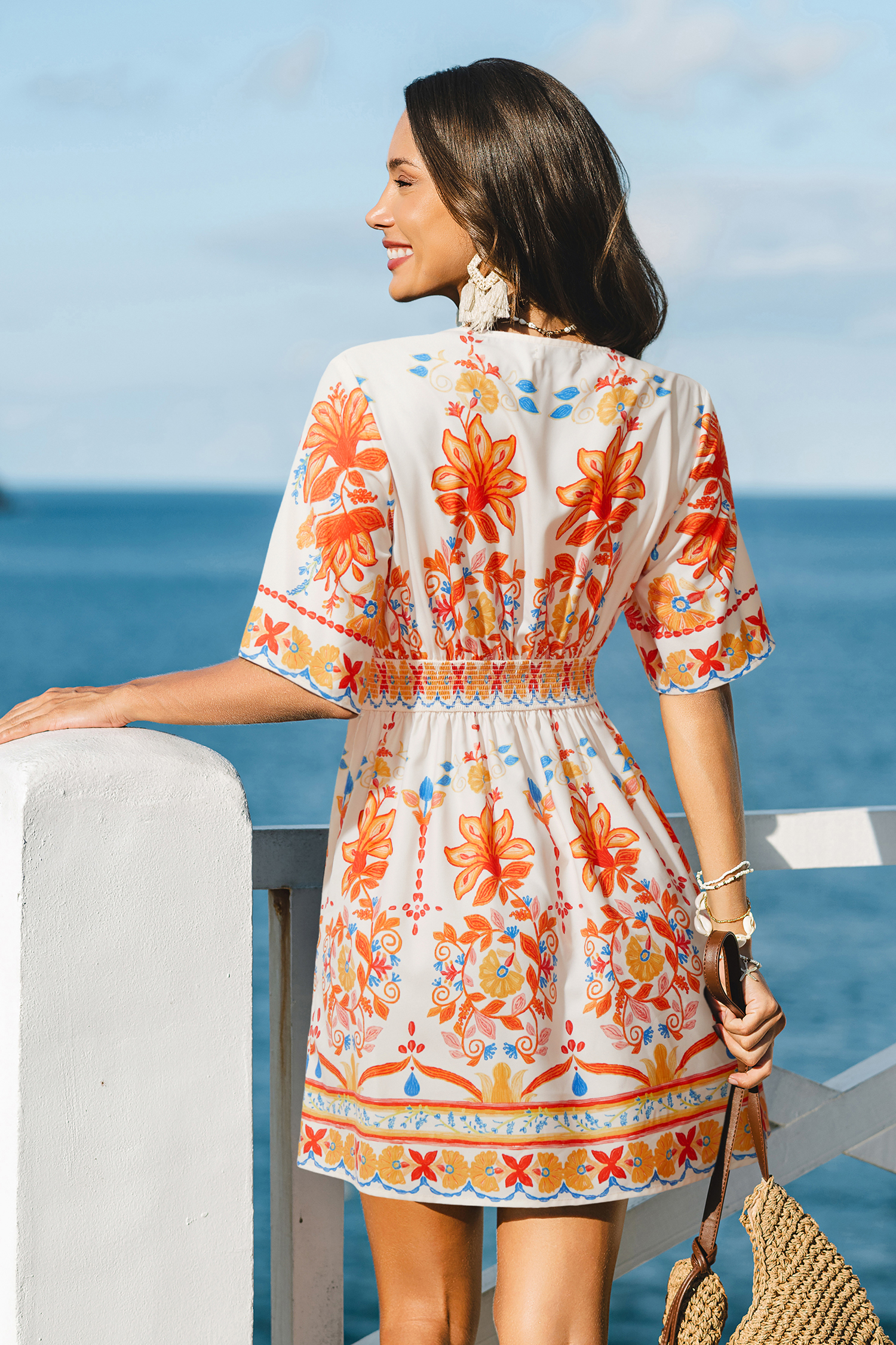 Orange Tropisches Mini-Strandkleid mit tiefem Ausschnitt