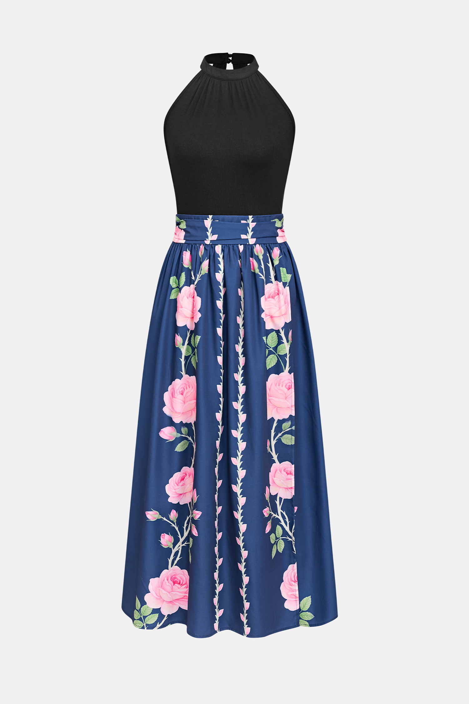Robe longue florale à col haut sans manches