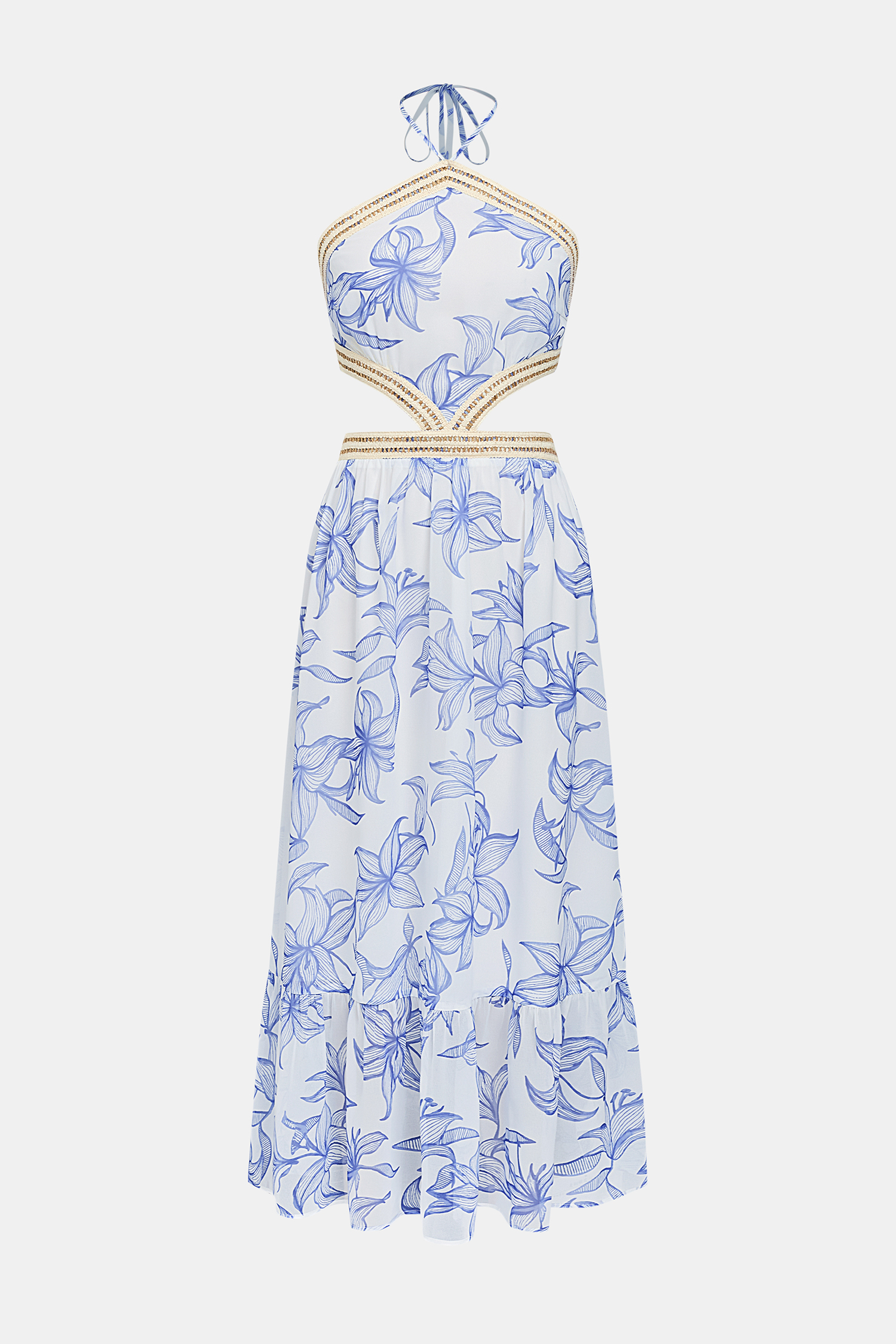 Blaues Maxikleid mit hohem Ausschnitt und Cut-outs