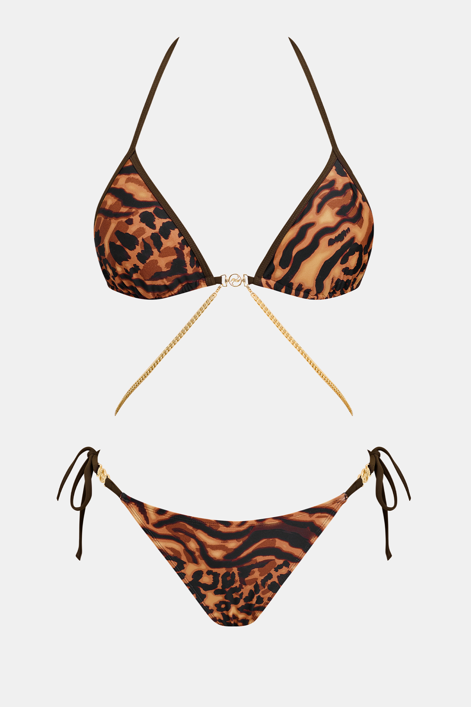 Animal-Print Neckholder-Triangel-Bikini-Set mit Body-Chain