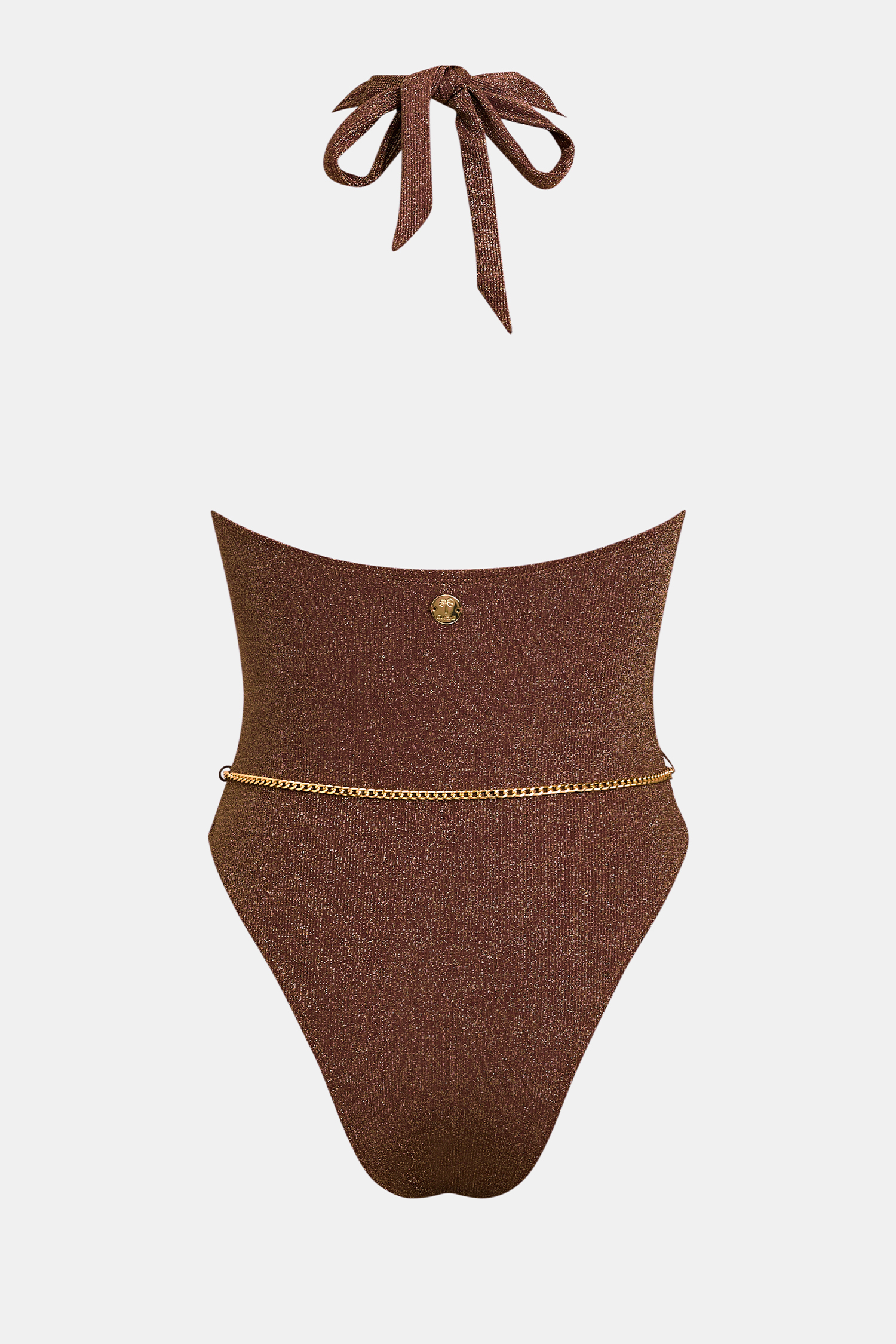 Brauner Neckholder-Badeanzug mit tiefem Ausschnitt und Body-Chain