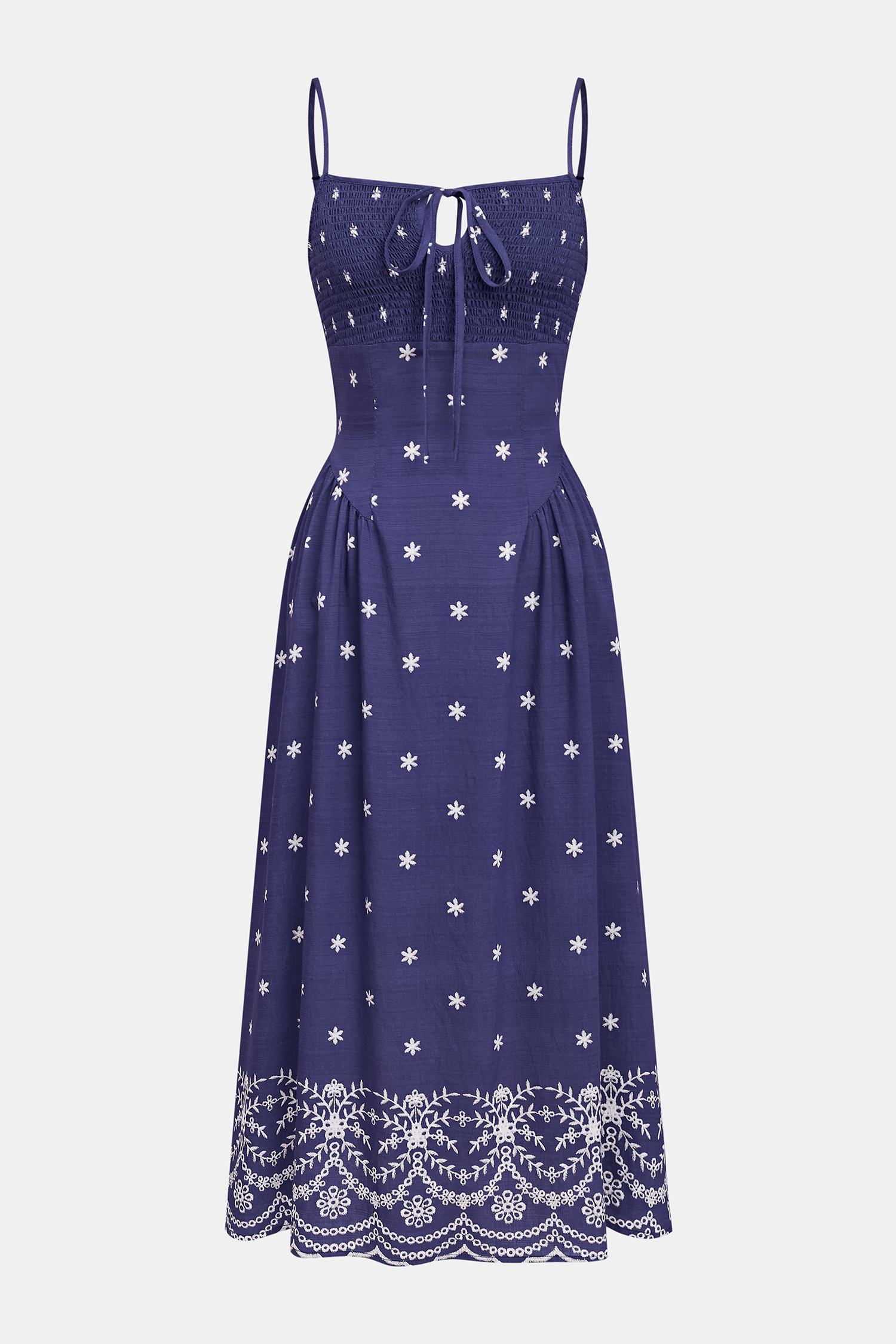 Blau geblümtes Midikleid mit eckigem Ausschnitt