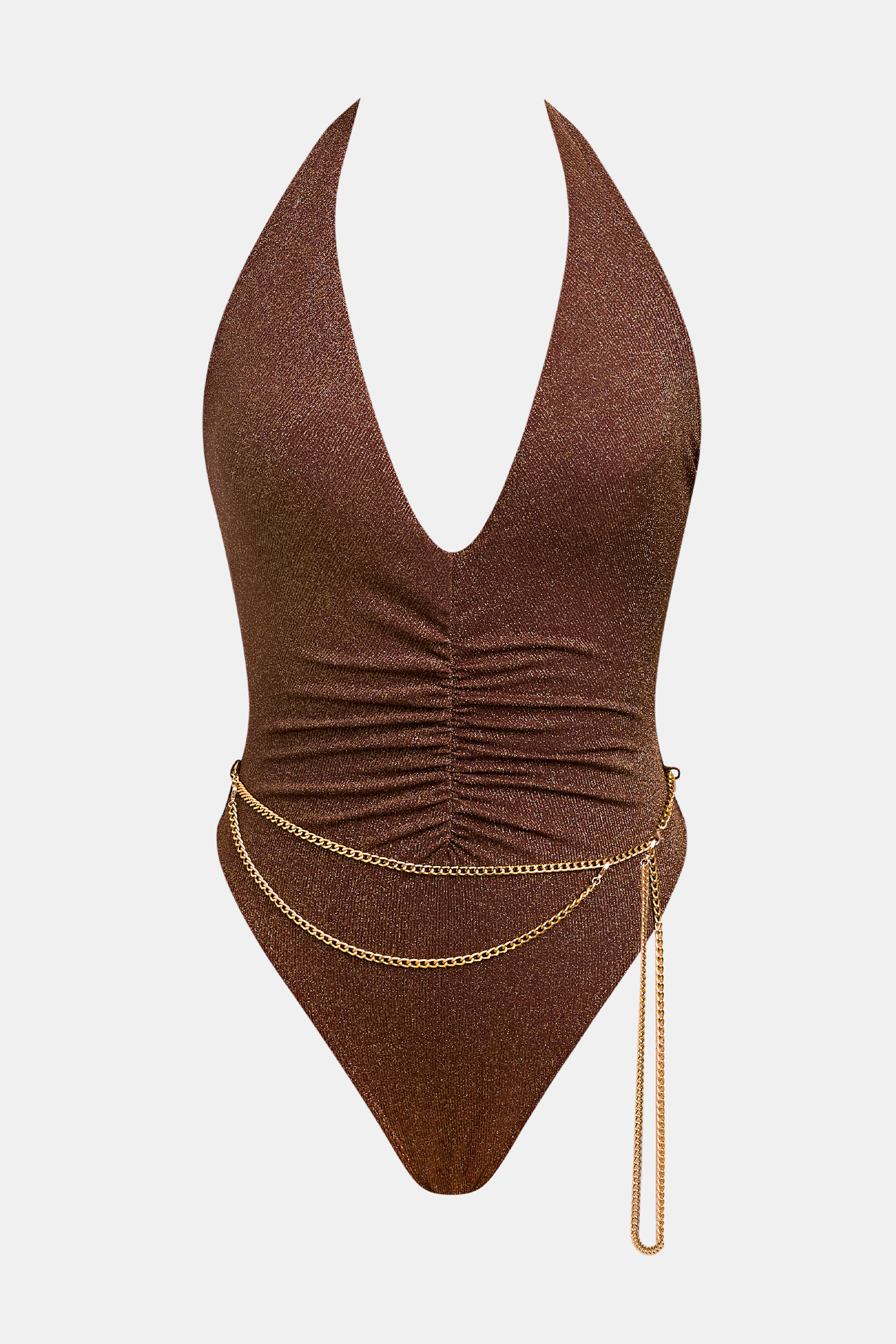Brauner Neckholder-Badeanzug mit tiefem Ausschnitt und Body-Chain