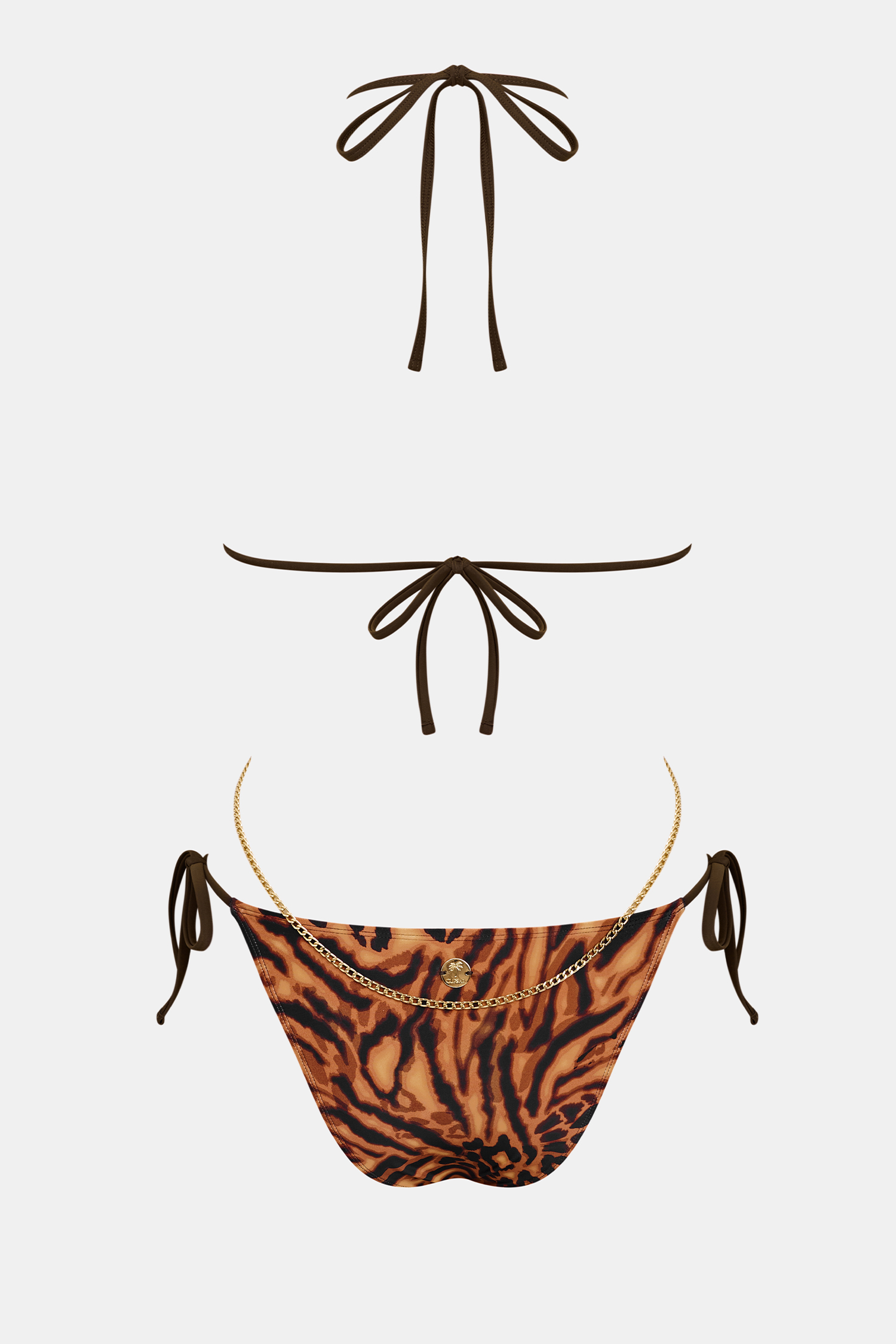 Animal-Print Neckholder-Triangel-Bikini-Set mit Body-Chain