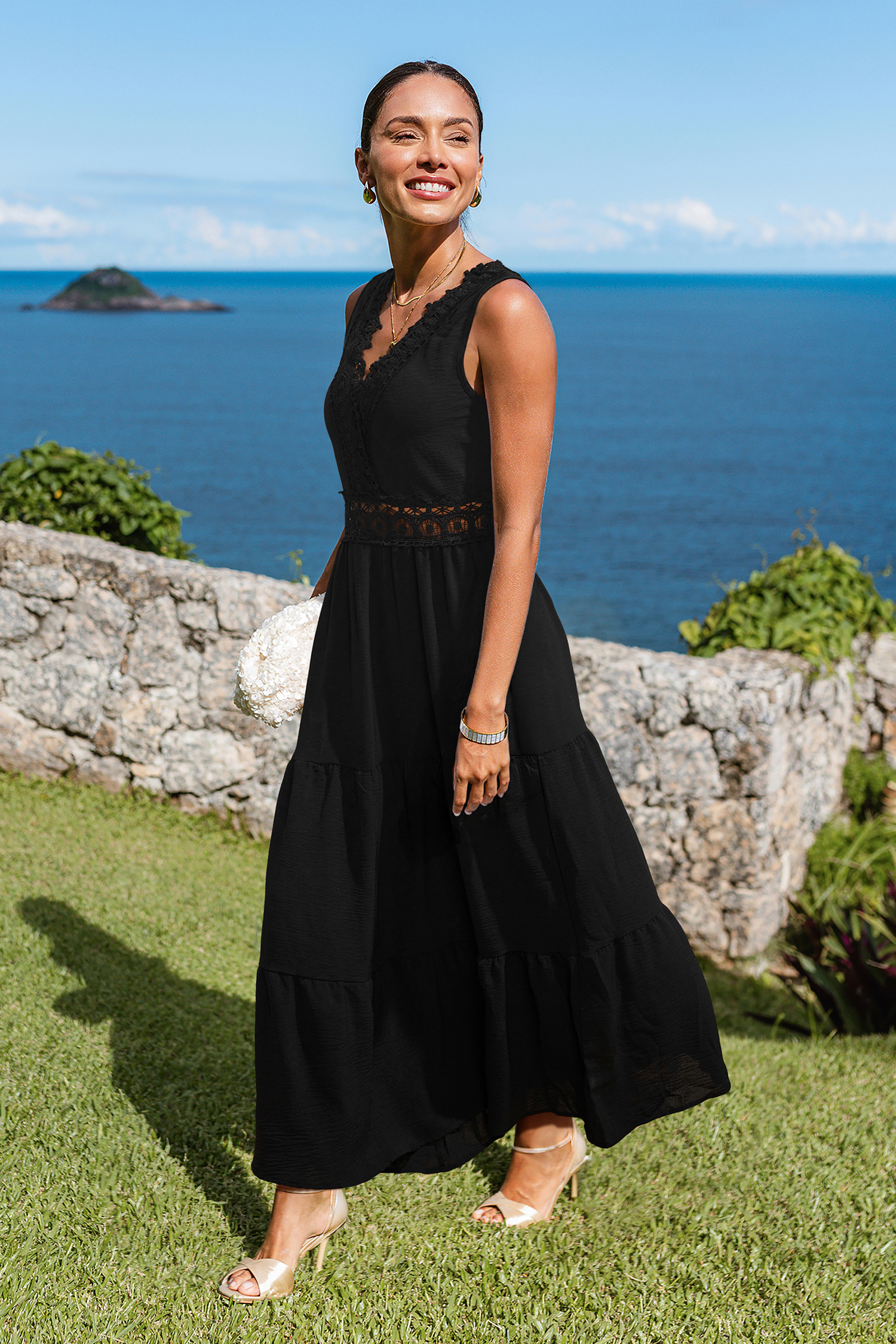 Schwarzes Ärmelloses V-Ausschnitt Maxi-Urlaubs-Sommerkleid