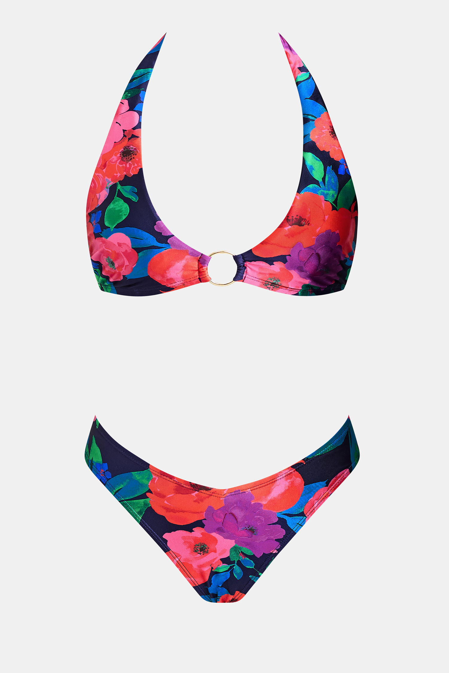 Bikini floral à col plongeant et jambe haute