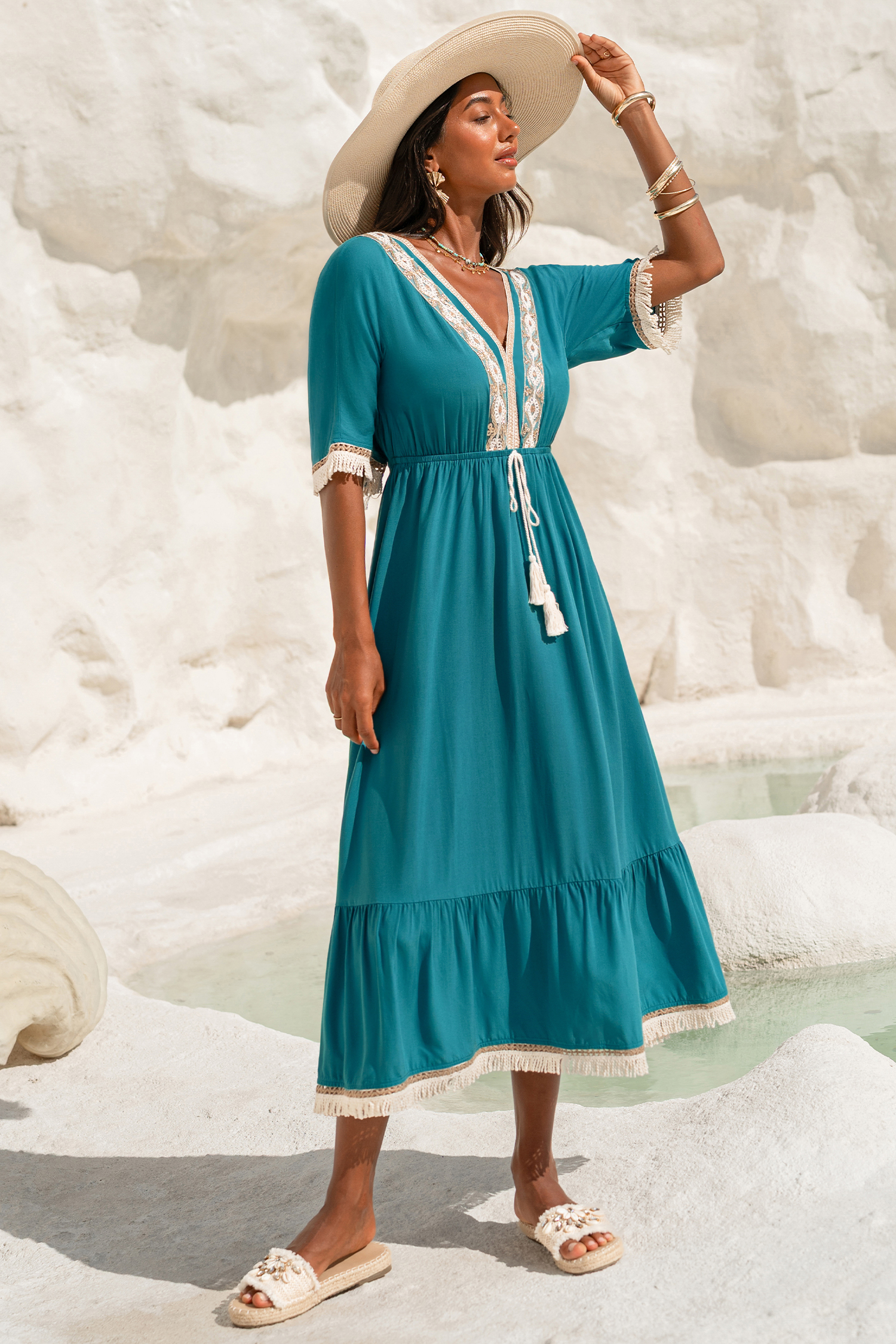 Blaues Boho V-Ausschnitt Maxi-Strandkleid