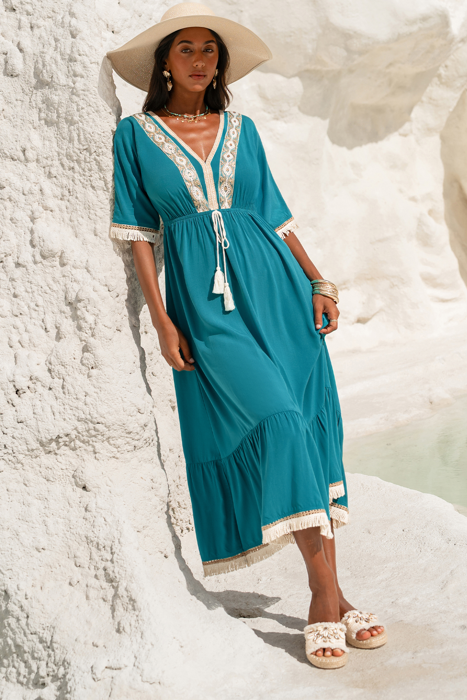 Blaues Boho V-Ausschnitt Maxi-Strandkleid