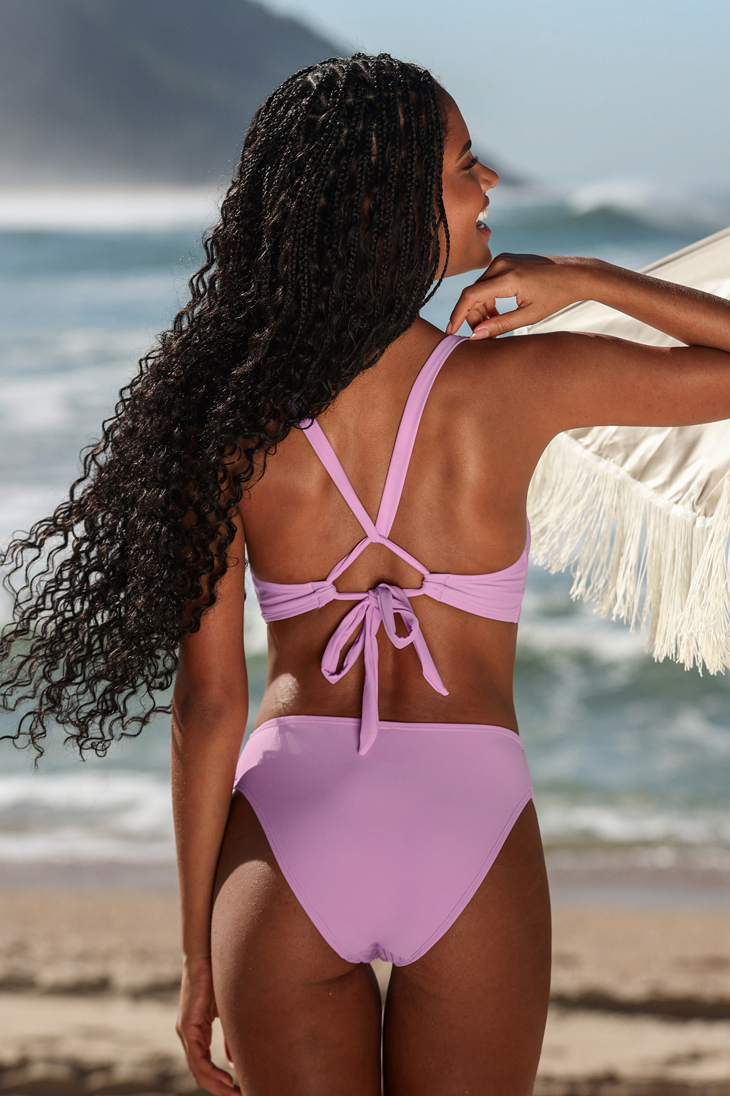 Rosa Monokini-Badeanzug mit tiefem Ausschnitt